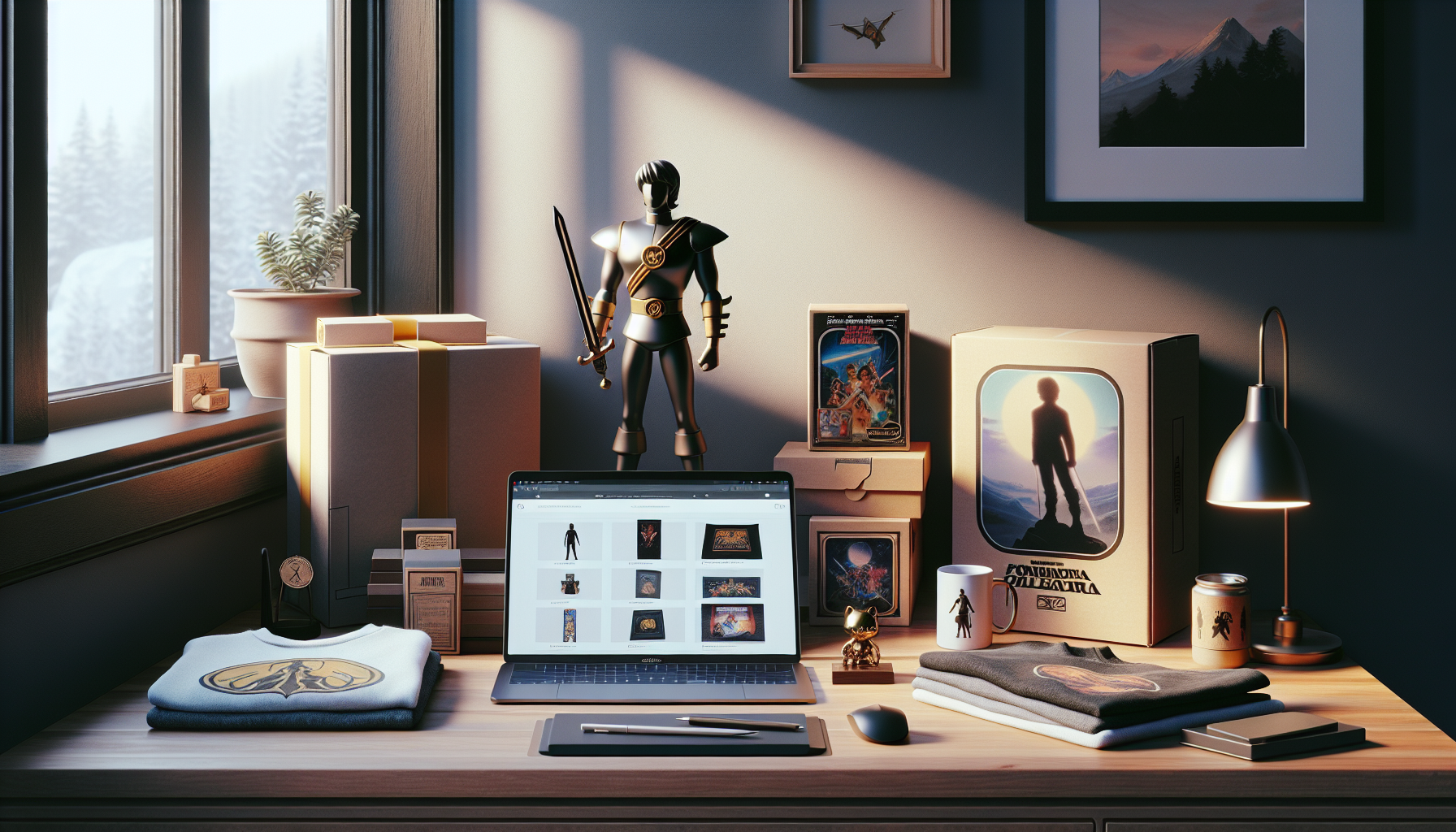 He-Man-inspirerade samlarprylar på modern skrivbordssetup i hemmakontor, med retroförpackningar, T-shirt och laptop – Nerdbutiken-guide