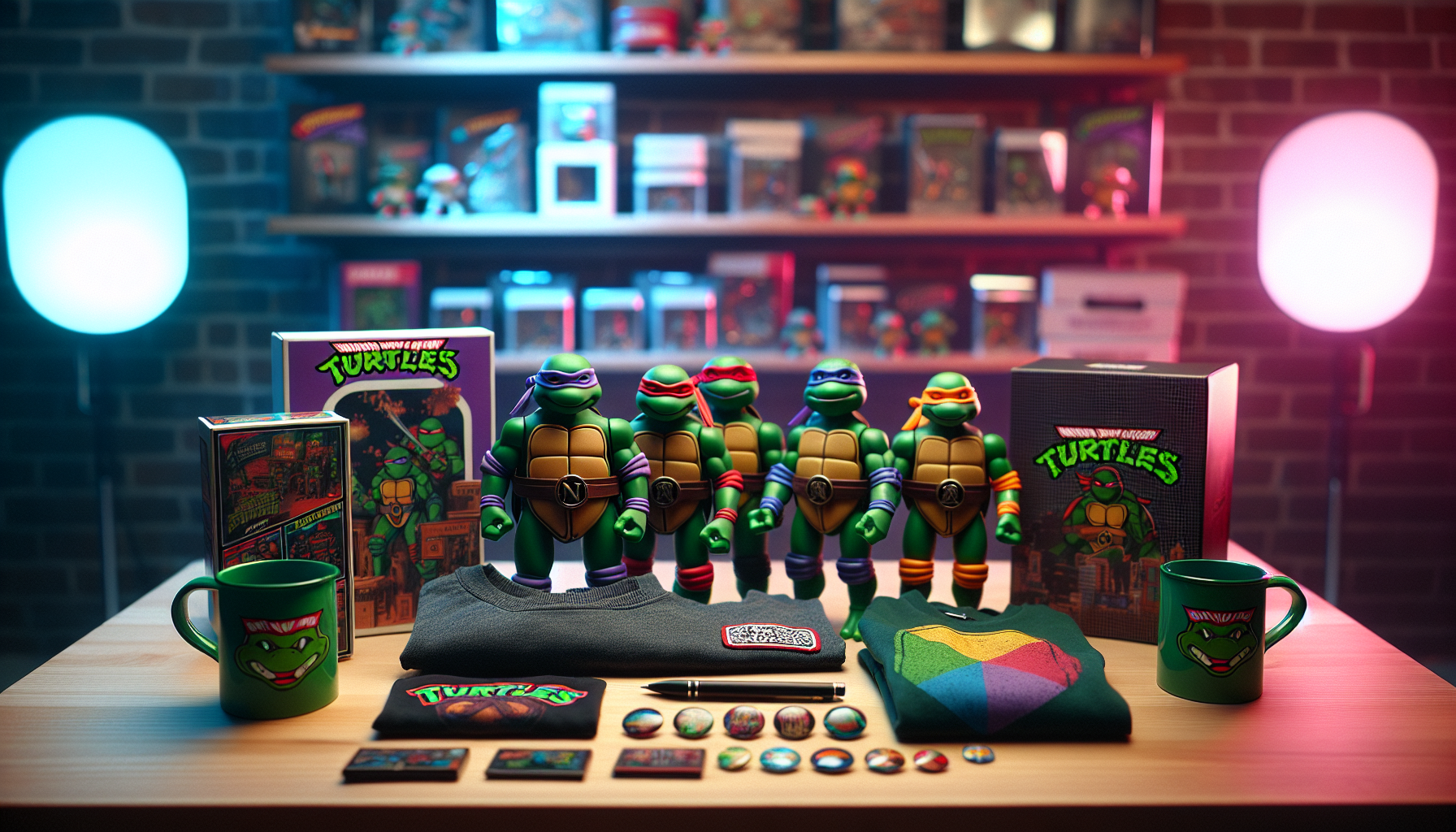 TMNT-inspirerad merchandise på skrivbord: samlarfigurer, hoodie, mugg, pins och collector box i retro 90-tals e-handelmiljö.