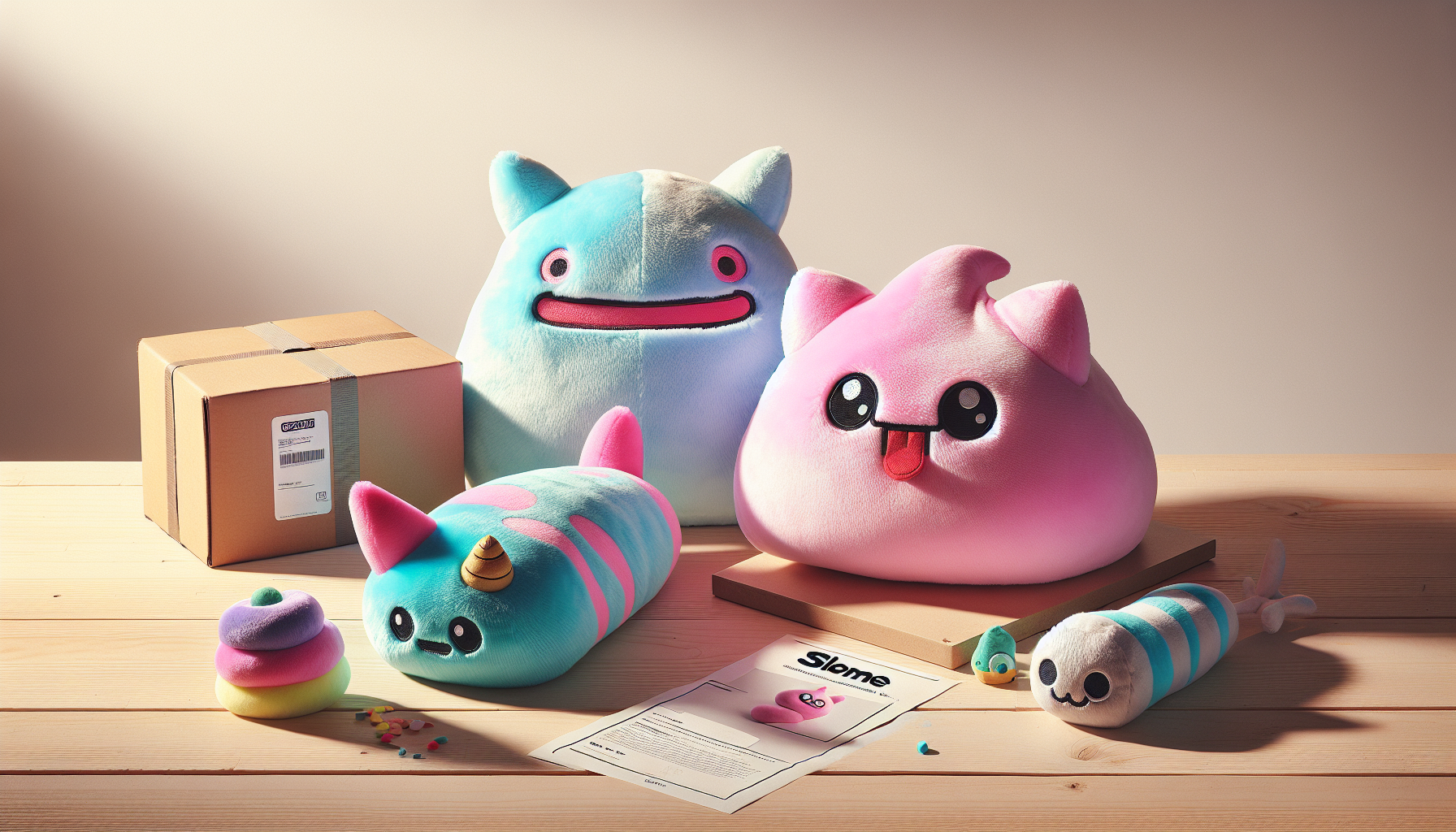 Fotorealistisk produktbild av Slime Rancher-gosedjur (pink, rock och tabby slime) på ljus träyta med fraktkartong och storlekstag.