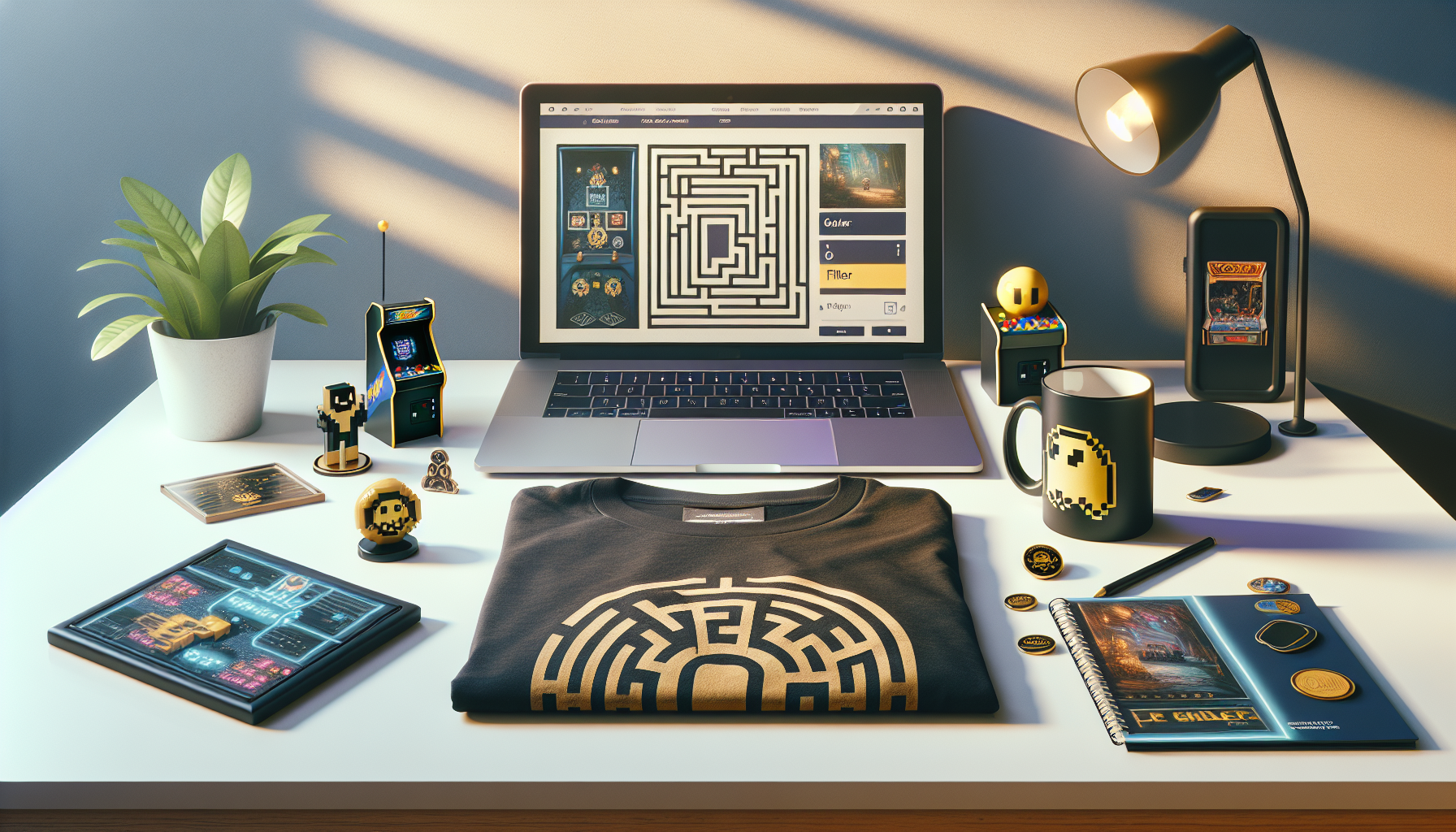 Pac-Man merchandise på minimalistiskt skrivbord: t-shirt, mugg, pin, figur och nyckelring med retro-arcade-känsla och e-handelsvy i bakgrunden.