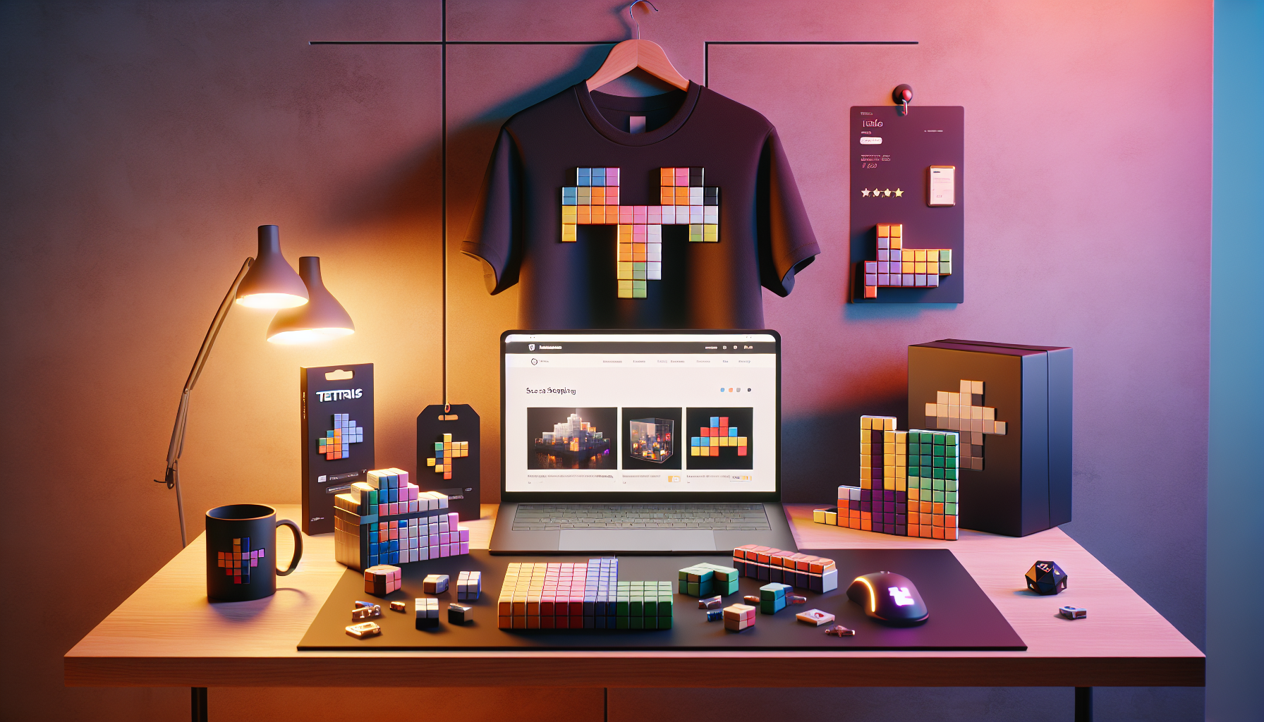 Tetris-inspirerad merch på skrivbord i gaminghörna med laptop som visar säker webbutik, t-shirt, mugg, pin och samlarfigur från Nerdbutiken.se