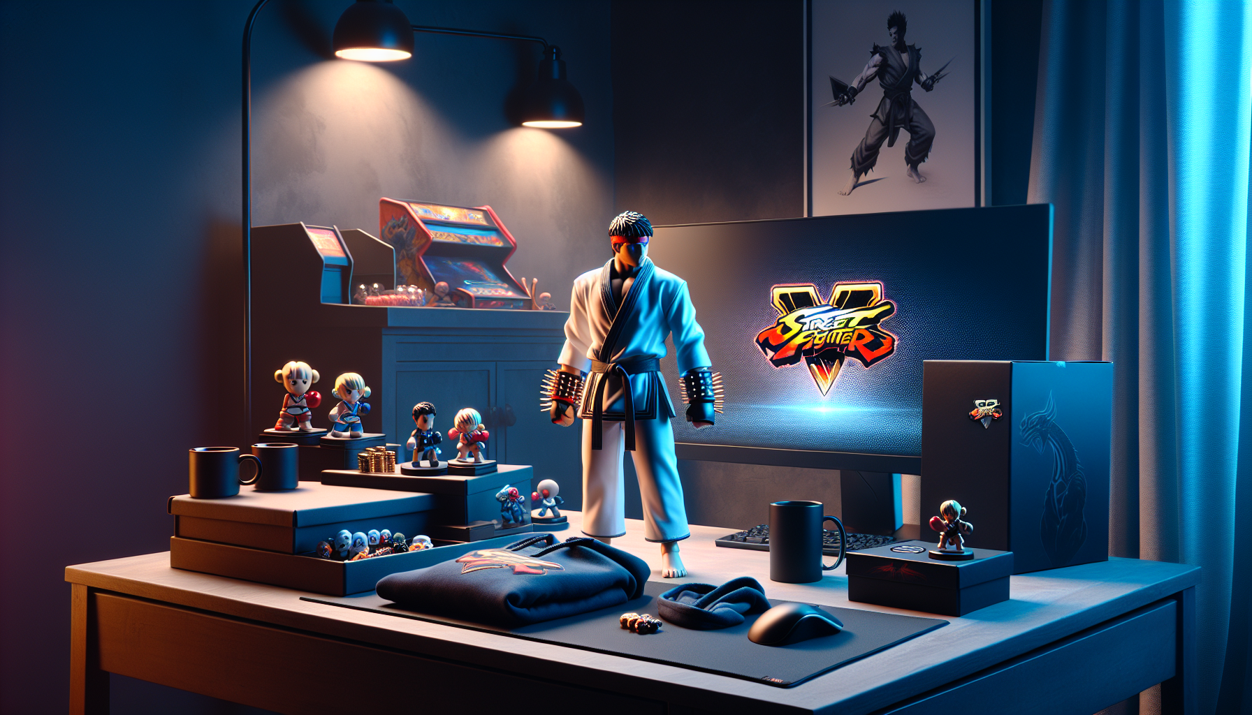 Premium Street Fighter-inspirerad merch på skrivbord i gamingrum: samlarfigurer, hoodie, mugg, pin och collector’s box med neonljus.