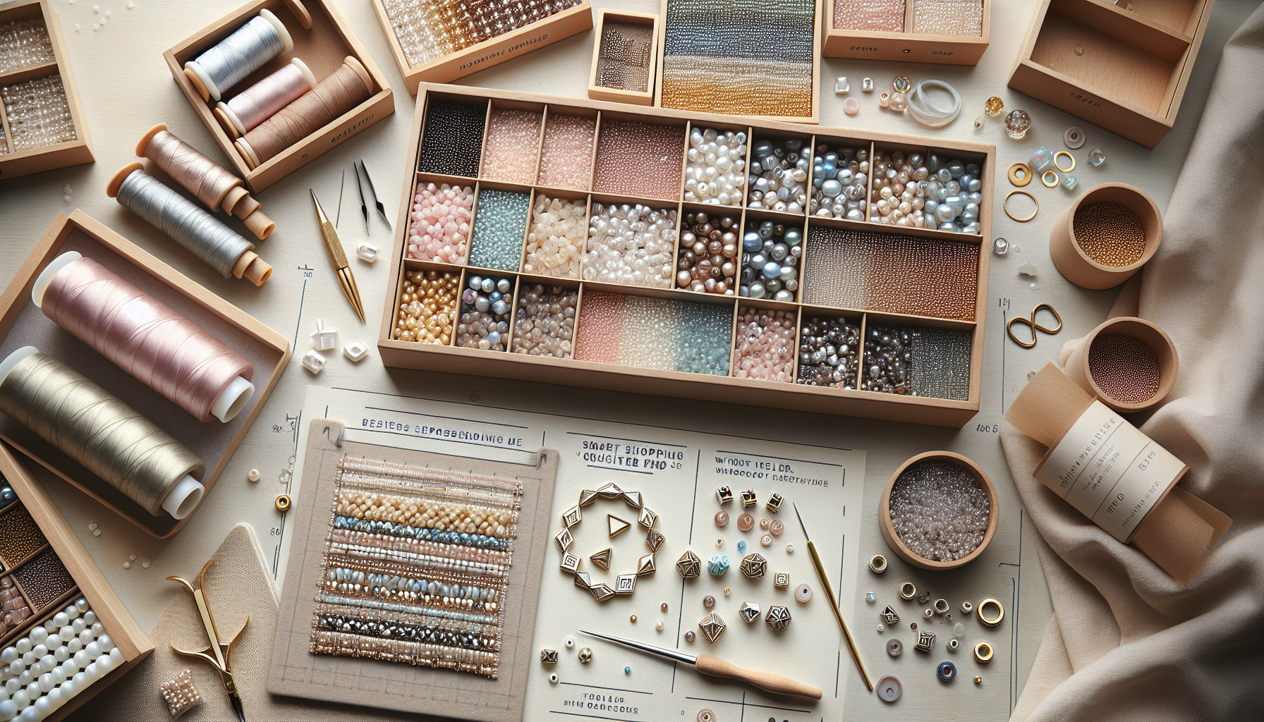 Välorganiserat smyckesbord med Les perles par Puca-formpärlor sorterade efter färg och form, beadweaving-modul och verktyg i skandinaviskt ljus.