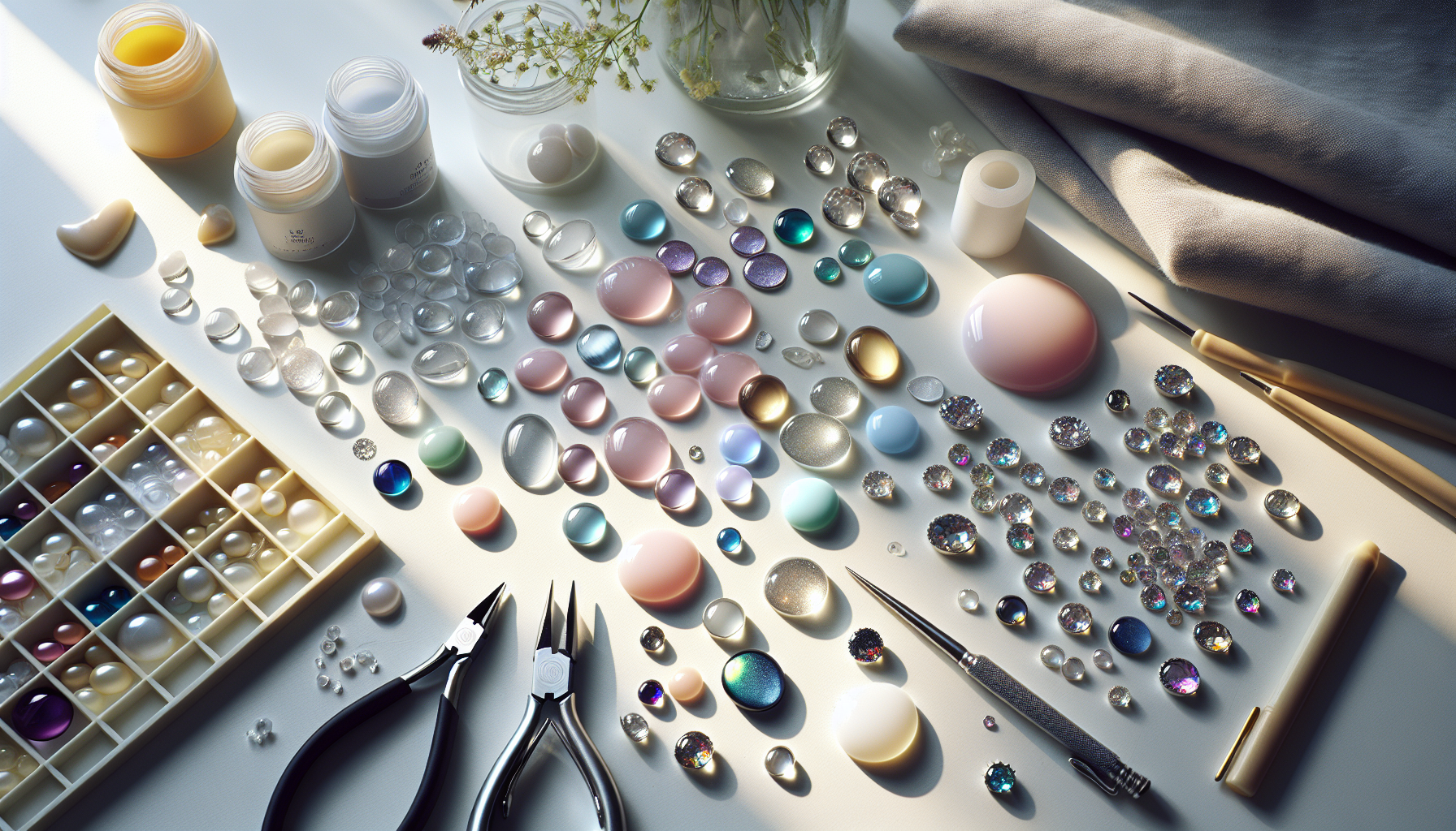 Cabochoner och flatbacks på ljust pysselbord med pincett, lim och smyckesbas – skandinavisk DIY-smyckesbild med negativ yta för rubrik.