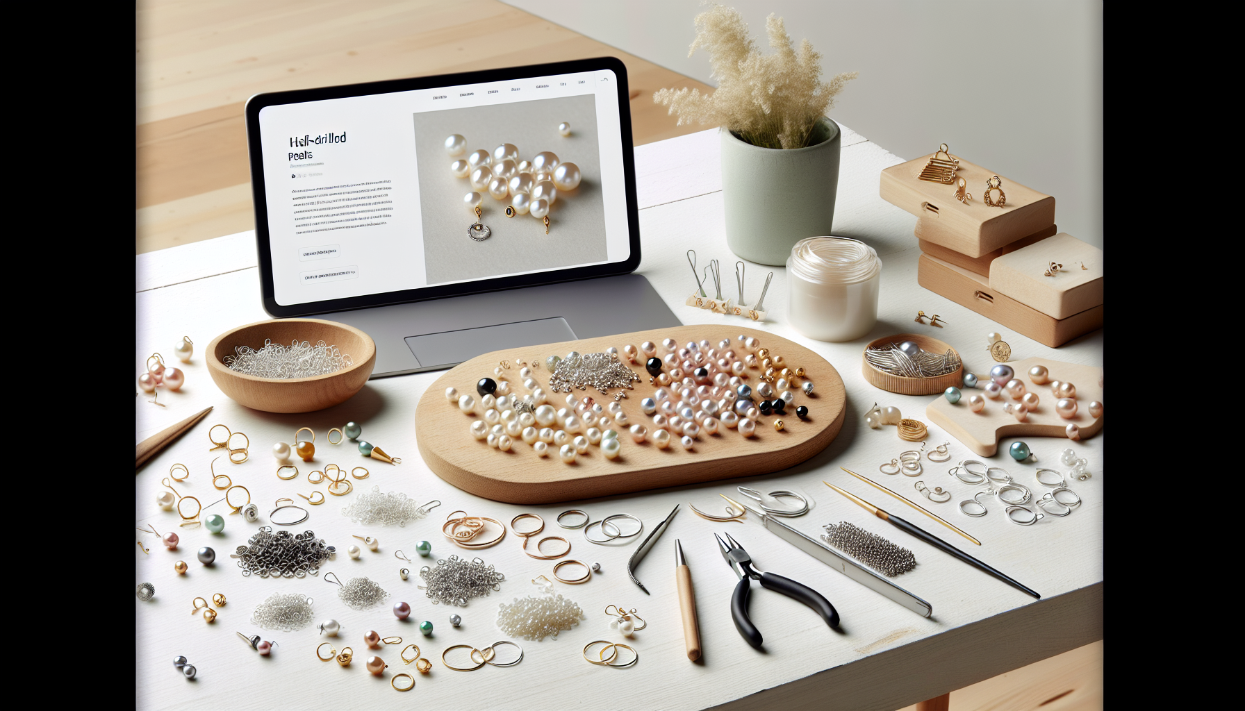 Halvborrade pärlor på stift med smyckesverktyg på ljus träyta, laptop i bakgrunden med webbutik – smyckestillverkning premium studio.