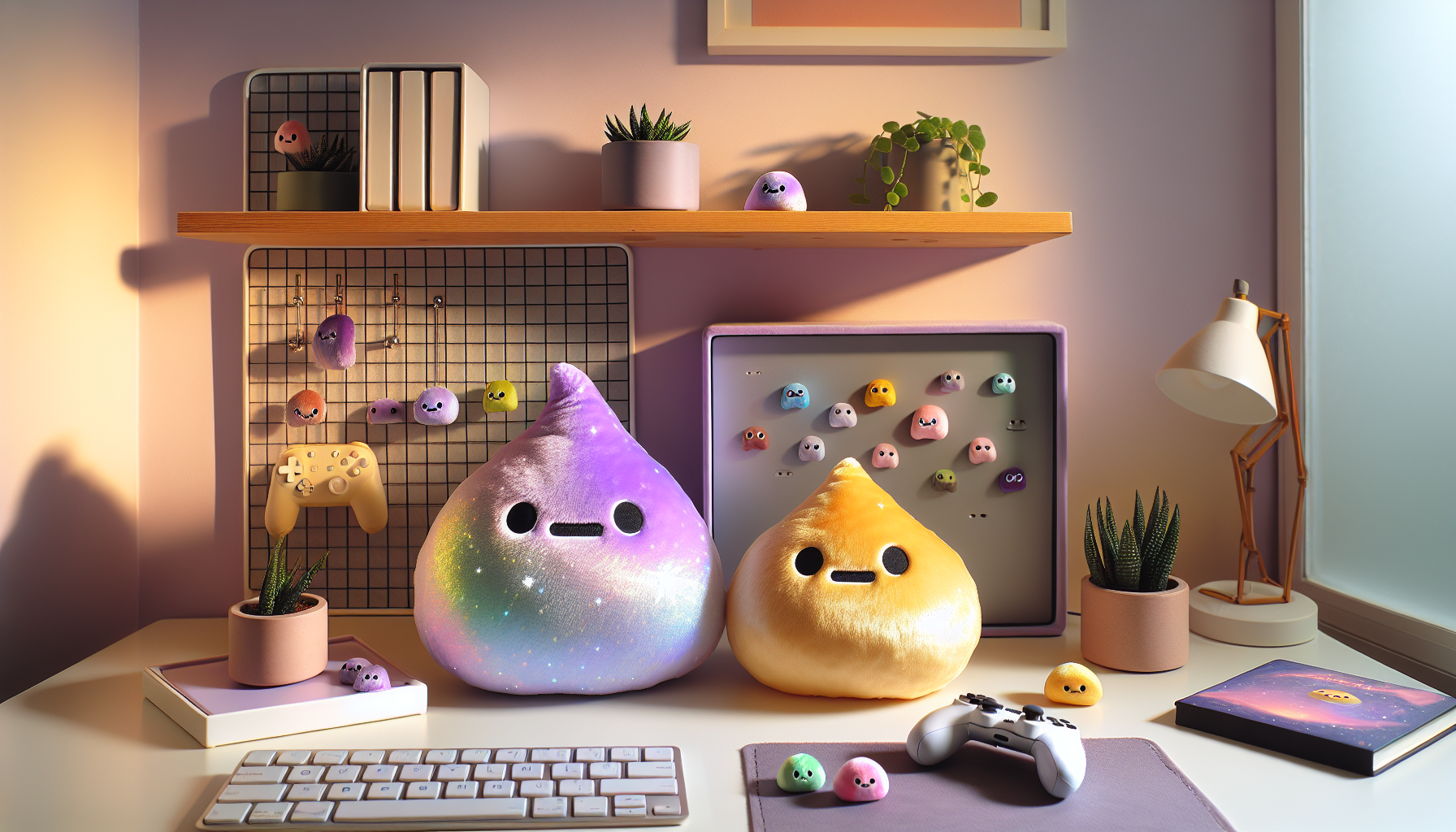 Tre slime-plushies i minky (quantum lila, honey guld, yolky gul) på skandinavisk gaminghörna med pins och metallskylt, negativt utrymme.