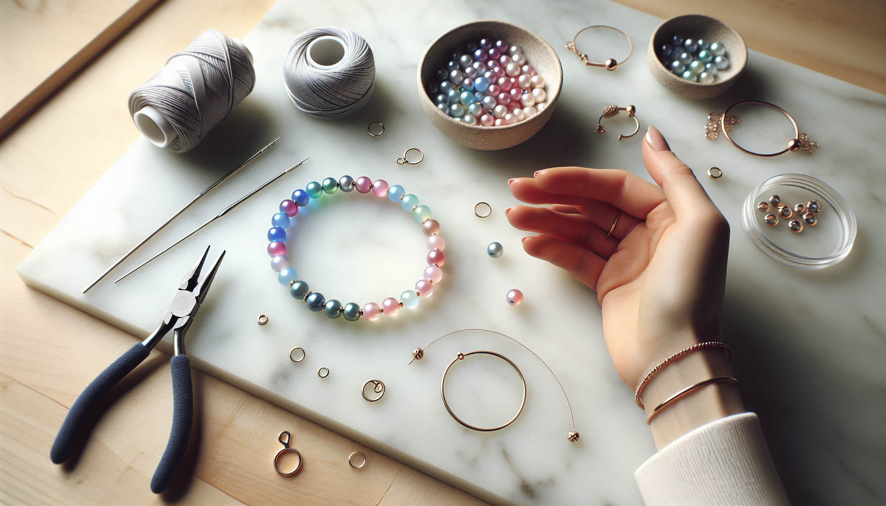Hand som håller halvfärdigt armband med termokroma mood beads som skiftar färg, på minimalistisk DIY-smyckesyta med verktyg och pärlor.
