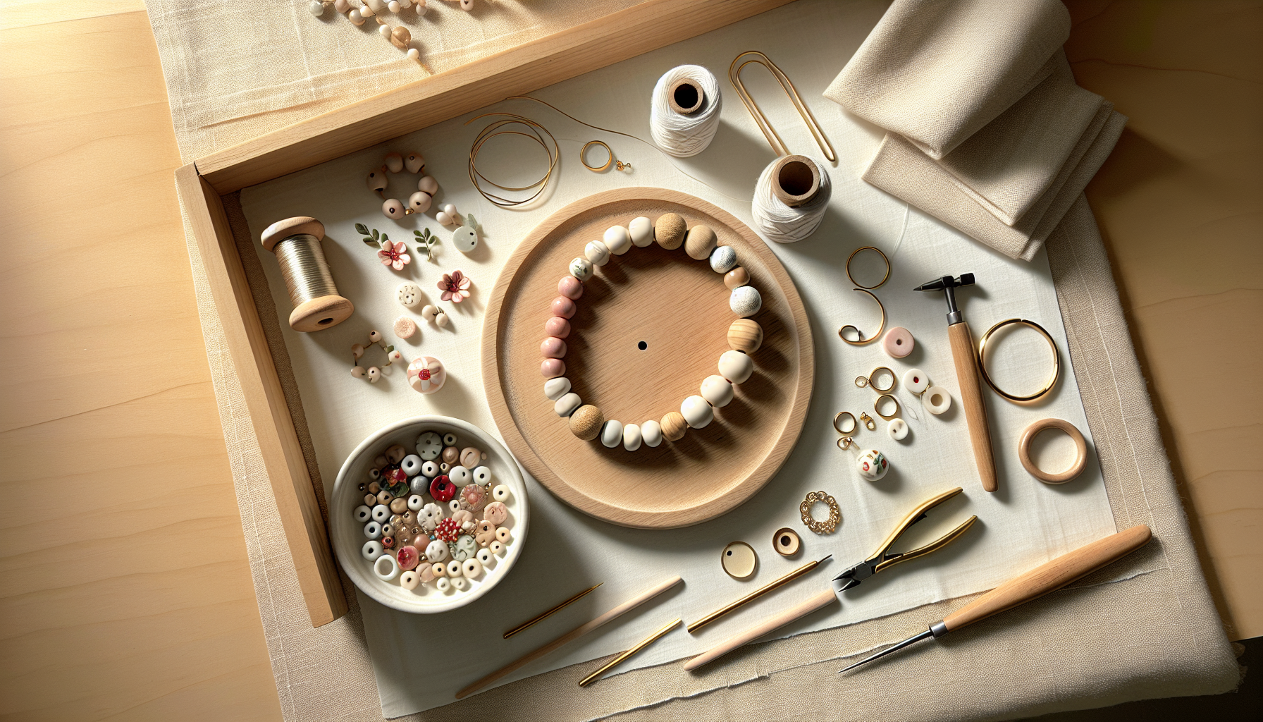 Flat lay med porslinspärlor i rosa och vitt, handmålade röda blommor samt smyckesverktyg och tråd i nordisk studio – Hilmaspyssel.se