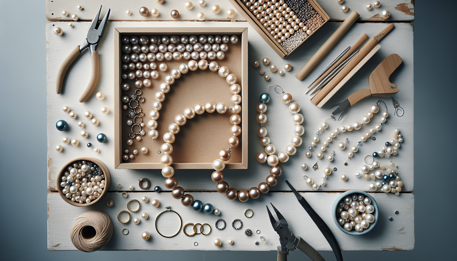 DIY flatlay på skandinaviskt bord med halvfärdigt armband och halsband av 8 mm snäckskalspärlor i matt lyster, beige/ivory med mörkblå accenter.