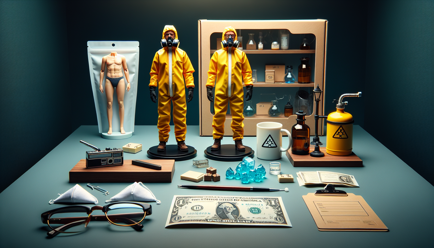 Samlardisplay med hazmat-figuriner, blå kristallgodis, kemimugg och diorama på modern hylla – Breaking Bad-inspirerad merchguide på Nerdbutiken.se
