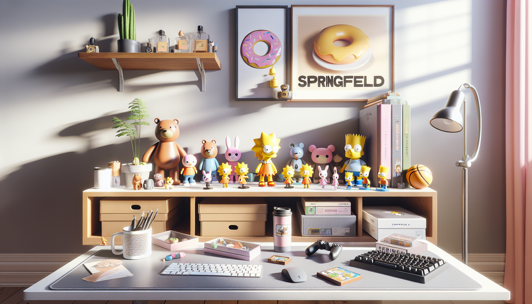 Simpsons-inspirerade samlarfigurer på skandinavisk skrivbordshylla i Sverige, mjukt dagsljus, donutdetaljer och tom yta för rubrik.