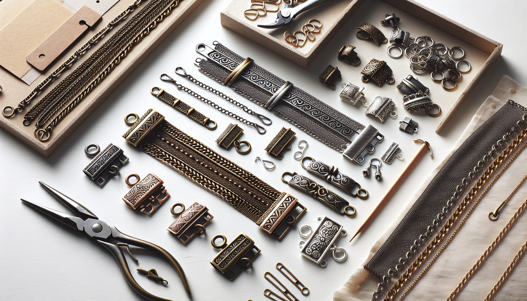 Instickslås i brons, koppar och silver i flat lay med smyckesverktyg och delvis monterat armband/halsband – guide för rätt lås.