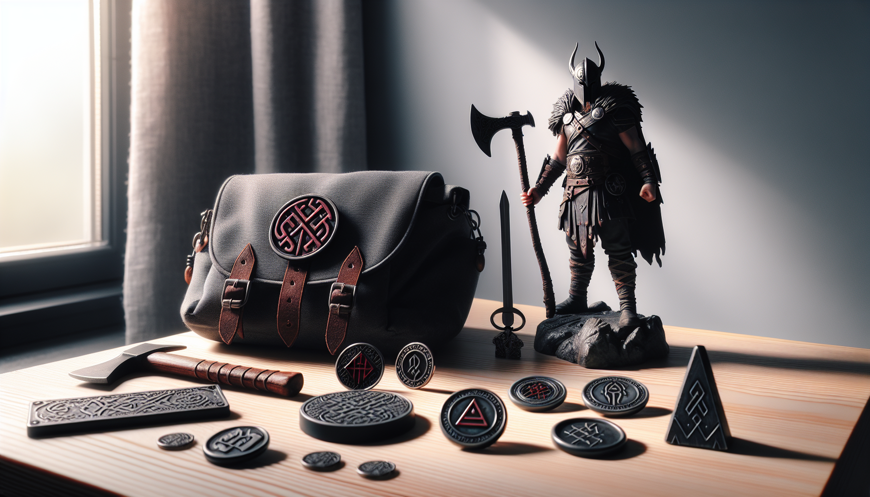 God of War-inspirerad merch på skandinaviskt skrivbord: nyckelring, ryggsäck, pins och premiumstaty i mjukt nordiskt dagsljus.