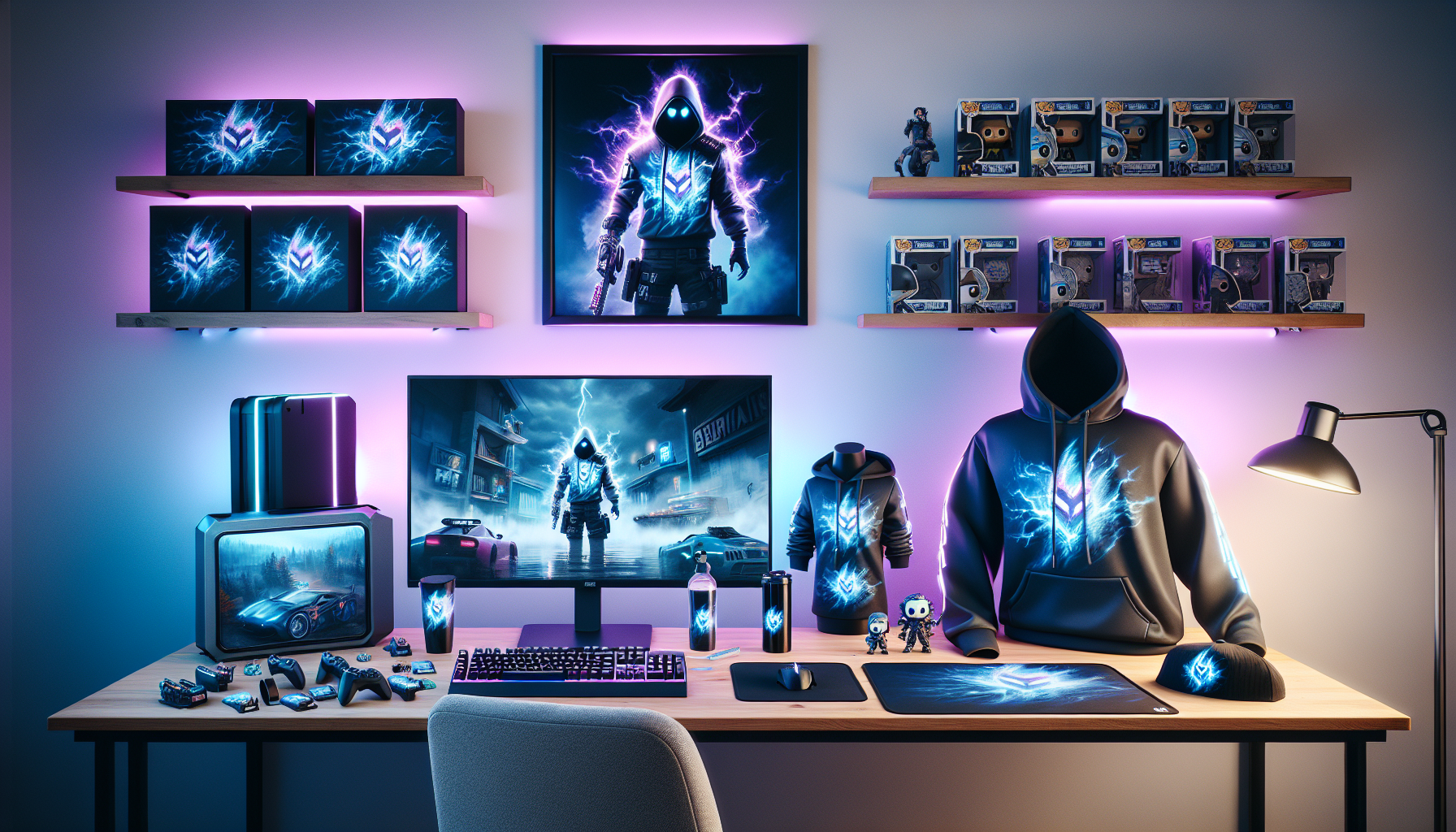 Fortnite-inspirerad merch på modernt gaming-skrivbord: hoodie, keps, nyckelring, musmatta, figur och controller i nordisk e‑commerce-stil.