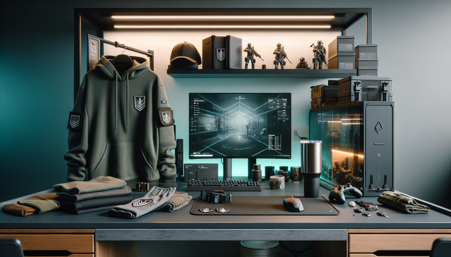 Scandinavisk gaminghörna med Call of Duty‑inspirerad merch: taktisk hoodie, keps, tumbler, samlarfigur och patchar på stilrent skrivbord.