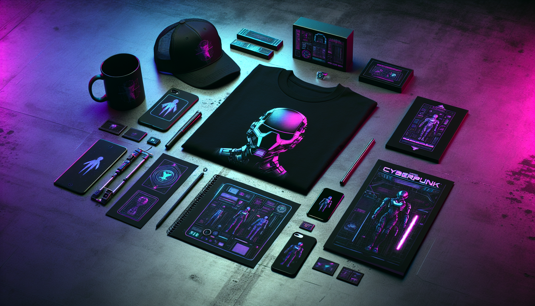 Flat lay med cyberpunk-inspirerad merch på mörkt bord i neonljus: t-shirt, keps, mugg, mobilskal, nyckelring och konstbok.