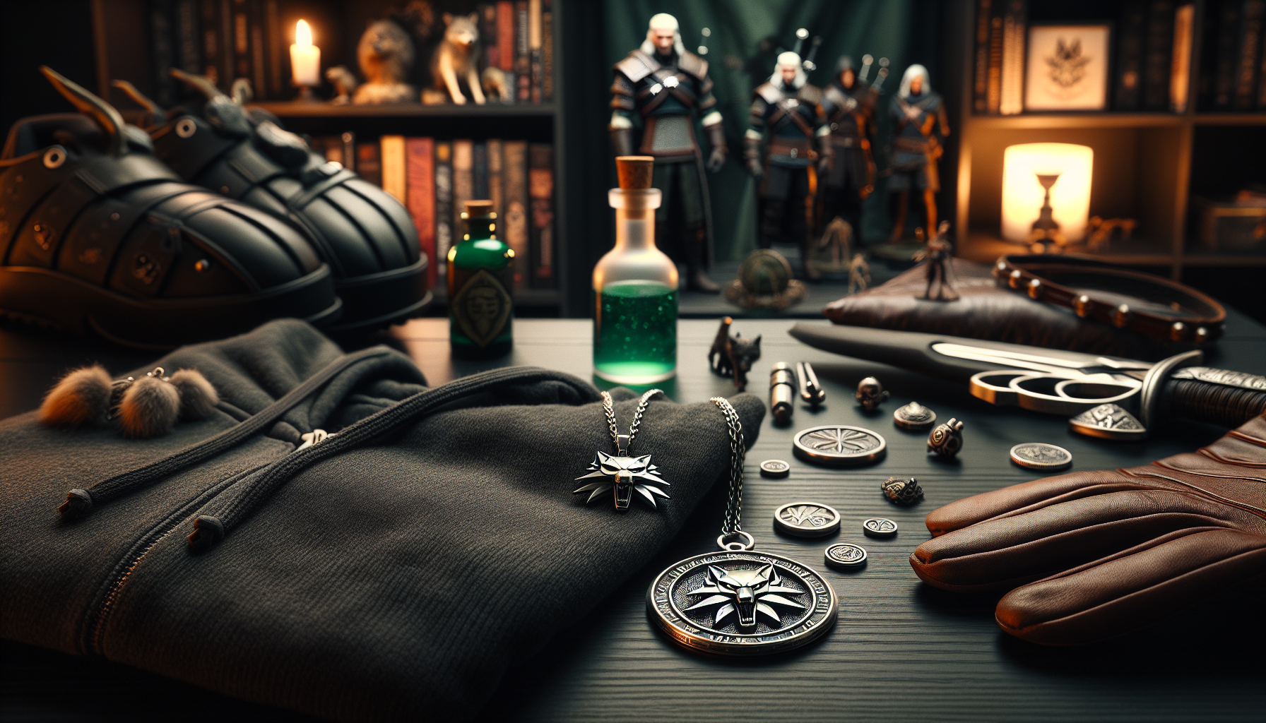 Silverfärgat vargmedaljong-hänge med Witcher-inspirerad merch på mörk träyta i svensk nördbutiksmiljö, varm bokeh och samlarhylla i bakgrunden