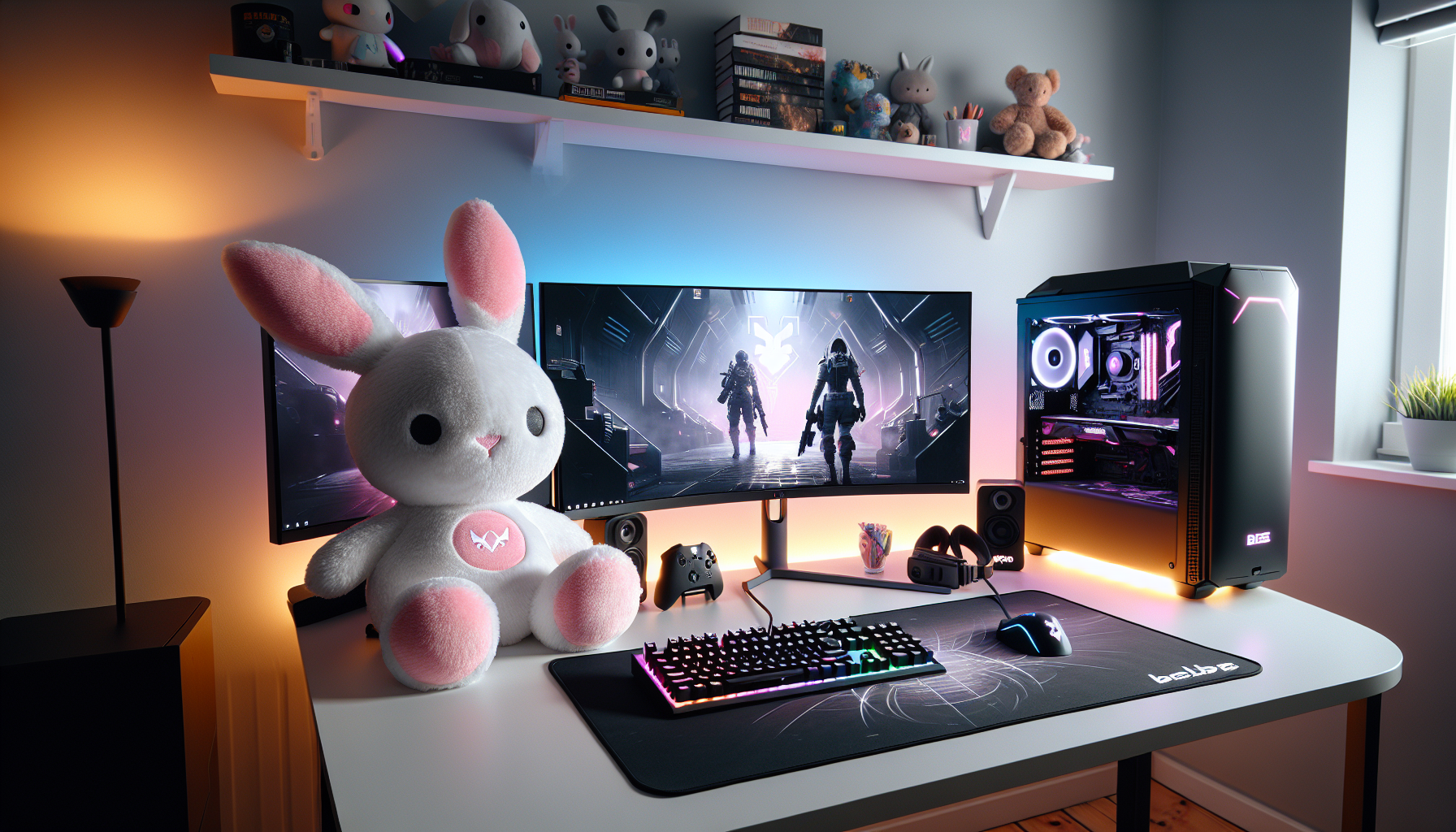 Rosa/vitt bunny-gosedjur på gamingbord i modern svensk gaminghörna med RGB-belysning och samlarmerch, e-handelsinspirerad setup.