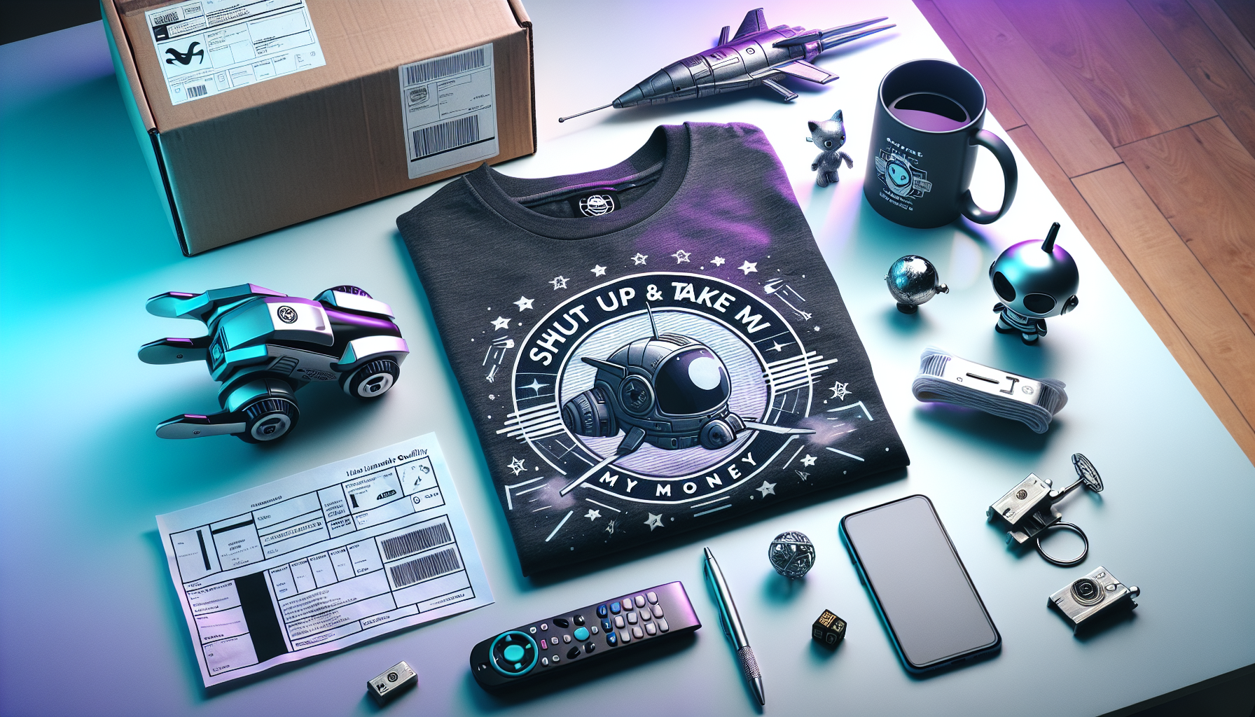 Flat lay med sci‑fi t‑shirt, mugg “Shut up and take my money”, robotfigur och rymdskepp‑nyckelring på ljust skrivbord, svensk e‑handel.