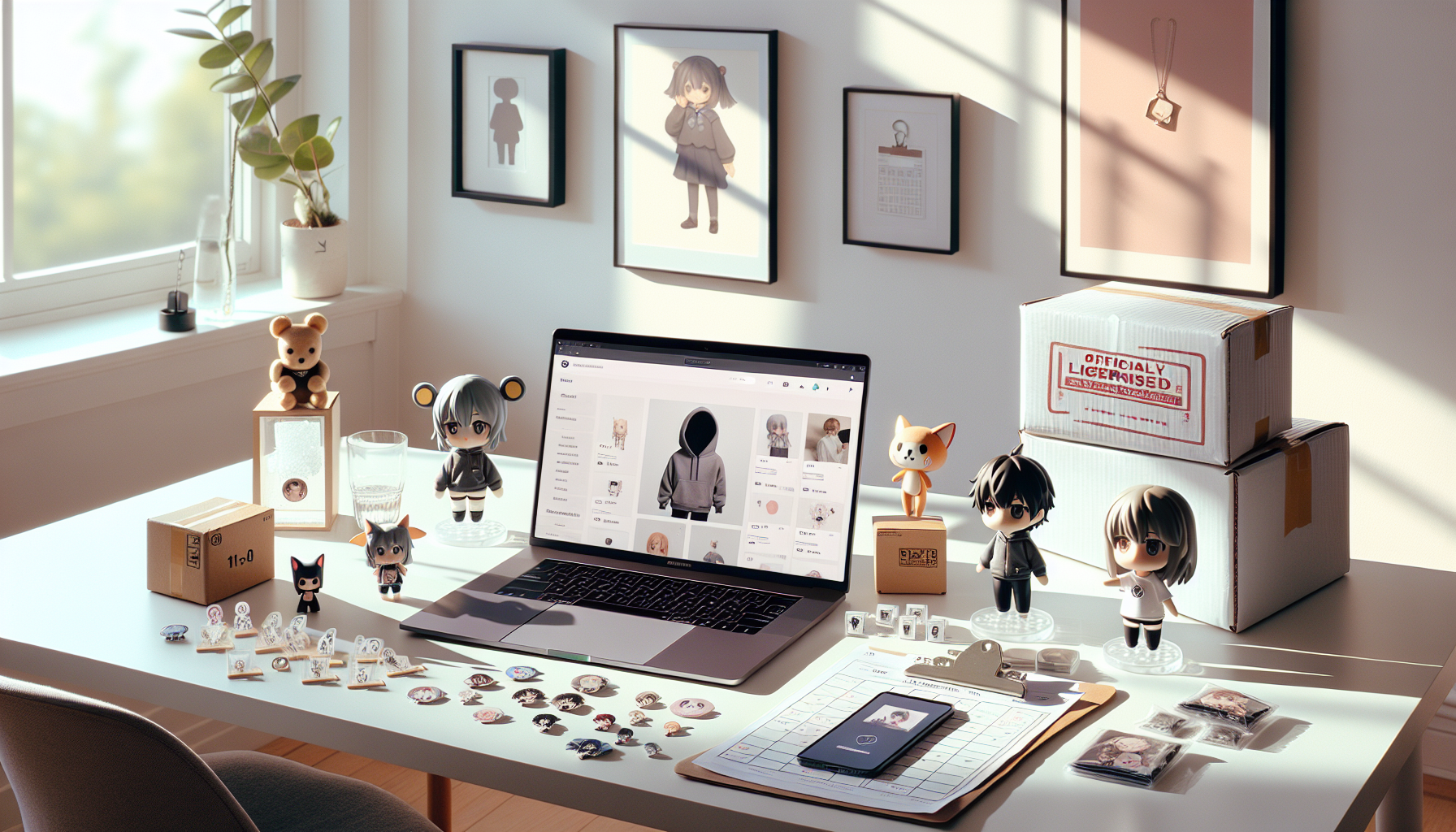 Skandinaviskt skrivbord med officiellt licensierad Hololive-inspirerad VTuber-merch, laptop med webbshop och fraktbox för säker beställning.