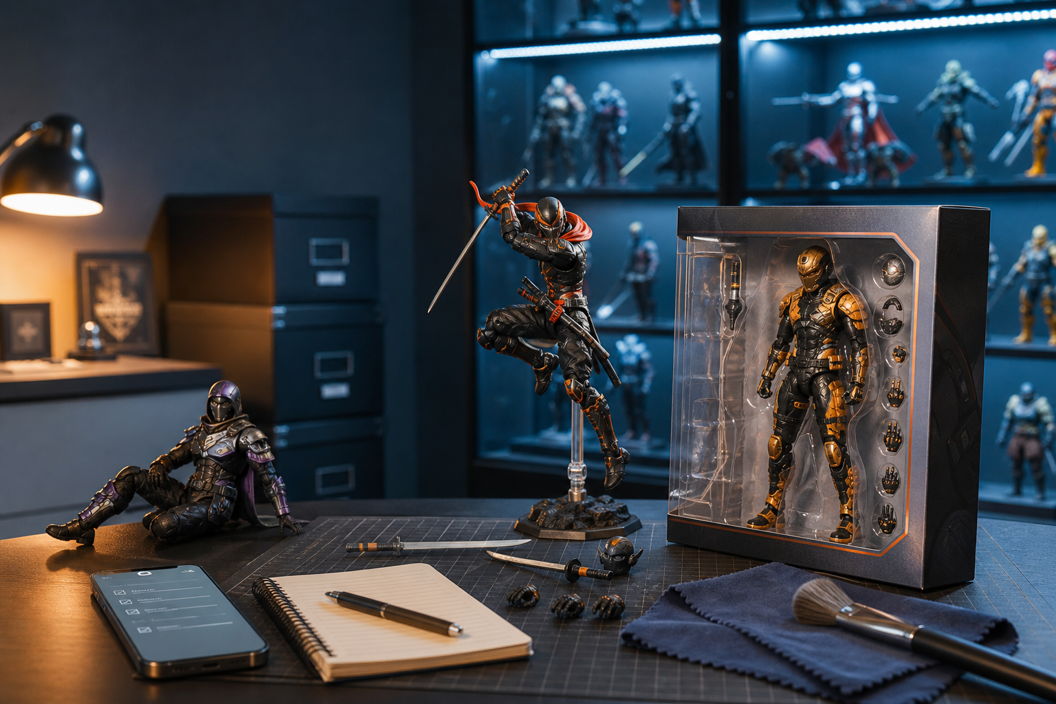 Premium actionfigurer och tillbehör på skrivbord i modernt hobbyrum med LED-belyst vitrinhylla, mint in box-förpackning och wishlist.
