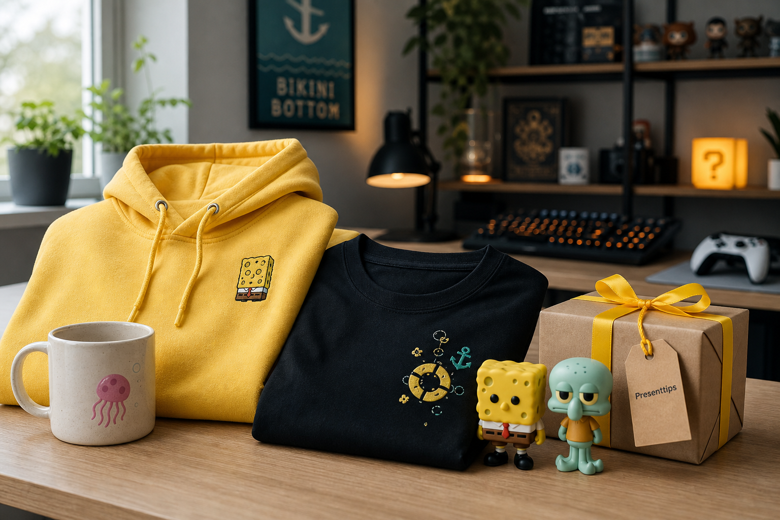 SpongeBob-inspirerad merch från Nerdbutiken.se på skandinavisk skrivbordsmiljö: gul hoodie, t-shirt, mugg och samlarfigurer med presenttips.