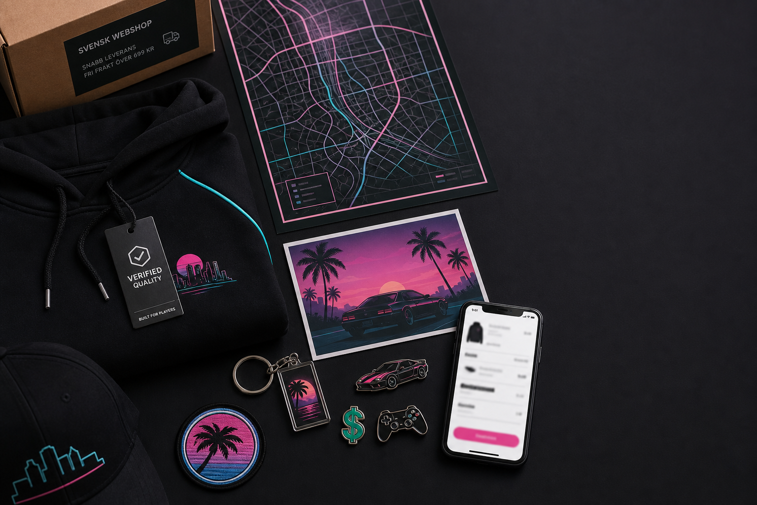 Stilren flat-lay med GTA-inspirerad merch: svart hoodie, city map-print, pins, nyckelring och mobil med checkout, svensk webshop-etikett.