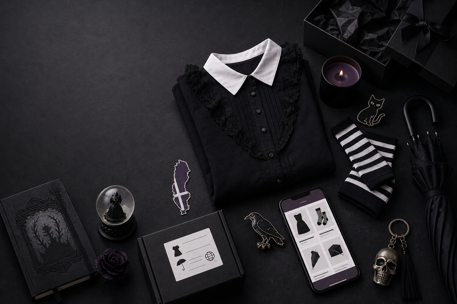 Flat lay med gotisk Wednesday-inspirerad merch: svart hoodie, randiga strumpor, paraply, pins, ljus, anteckningsbok, mobilwebbshop och fraktbox i Sverige.