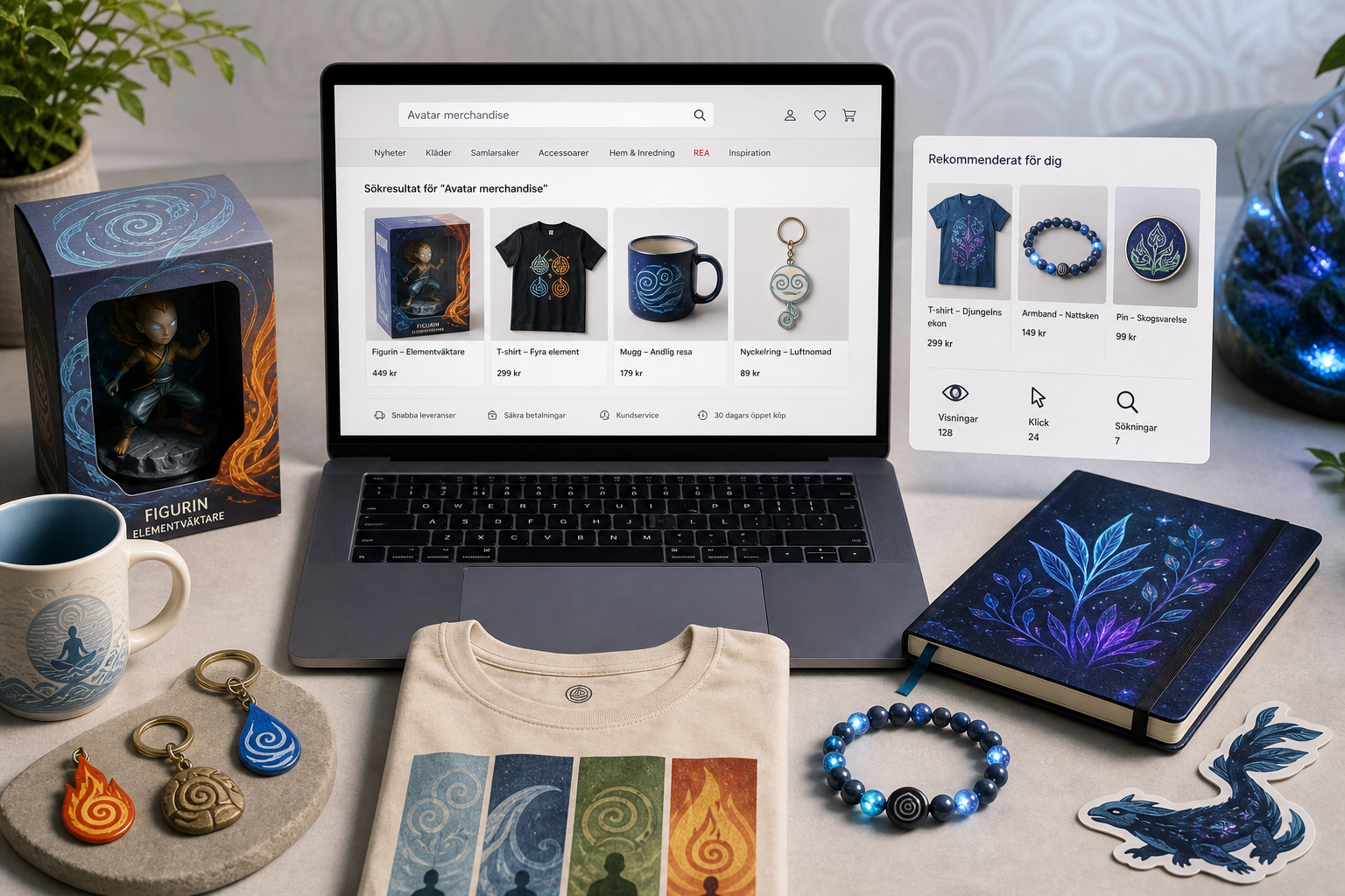Laptop med svensk webbshop och Avatar-inspirerad merch på bord: t-shirt, mugg, figur och pins, plus panel “Rekommenderat för dig”.