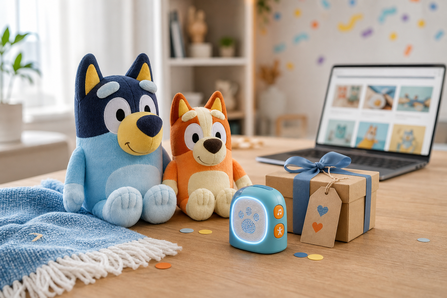 Bluey-inspirerad merch på ekbord: blå och orange plyschhundar, interaktiv leksak, presentask med blått band och suddig webbshop-bakgrund.