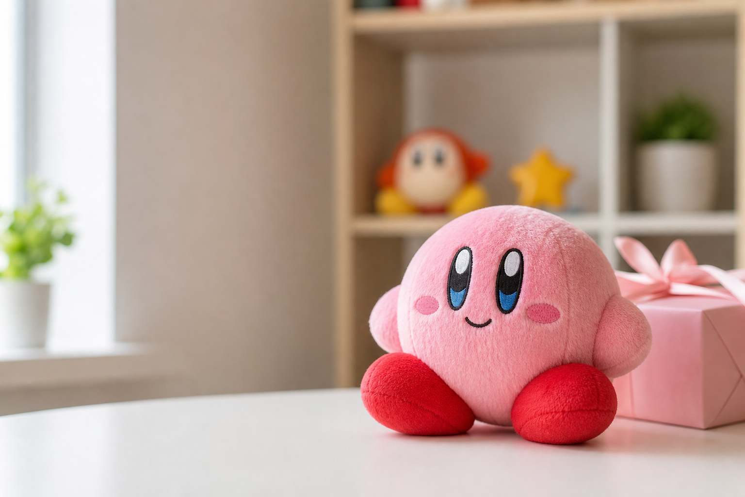 Officiellt licensierad Kirby-plush i polyester på ljust skrivbord, skandinavisk produktbild med mjuk bokeh och samlarhörna i bakgrunden.