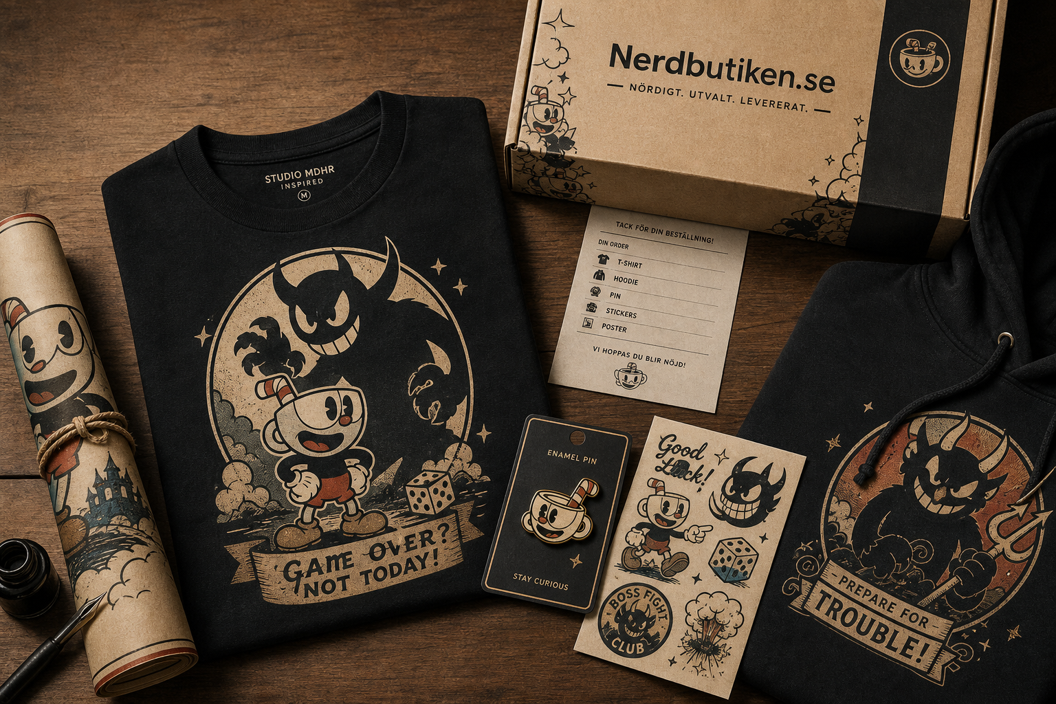 Flat lay av retro gaming-merch på träbord: T-shirt, hoodie, pin, stickers och poster i 1930-tals tecknad stil, med fraktbox “Nerdbutiken.se”.
