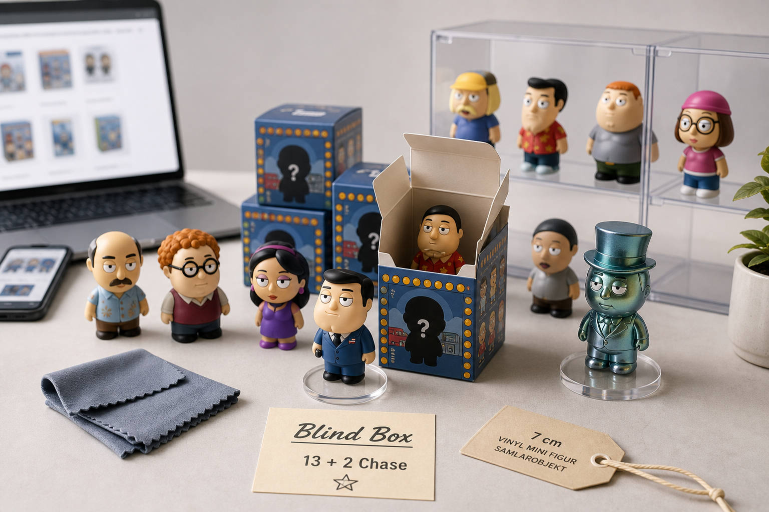 Samlarfoto av licensierade Kidrobot blind box-minifigurer 7 cm med öppnad box, chase-figur på akrylställ och webshop i bakgrunden.