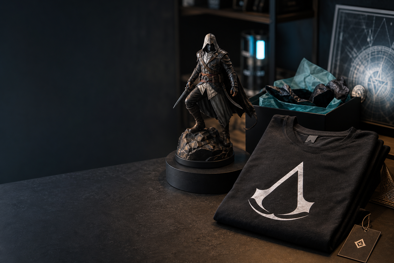 Assassin’s Creed-inspirerad samlarfigur och vikt svart t-shirt med vit symbol på skrivbord, premium merch och presentbox i moody ljus.