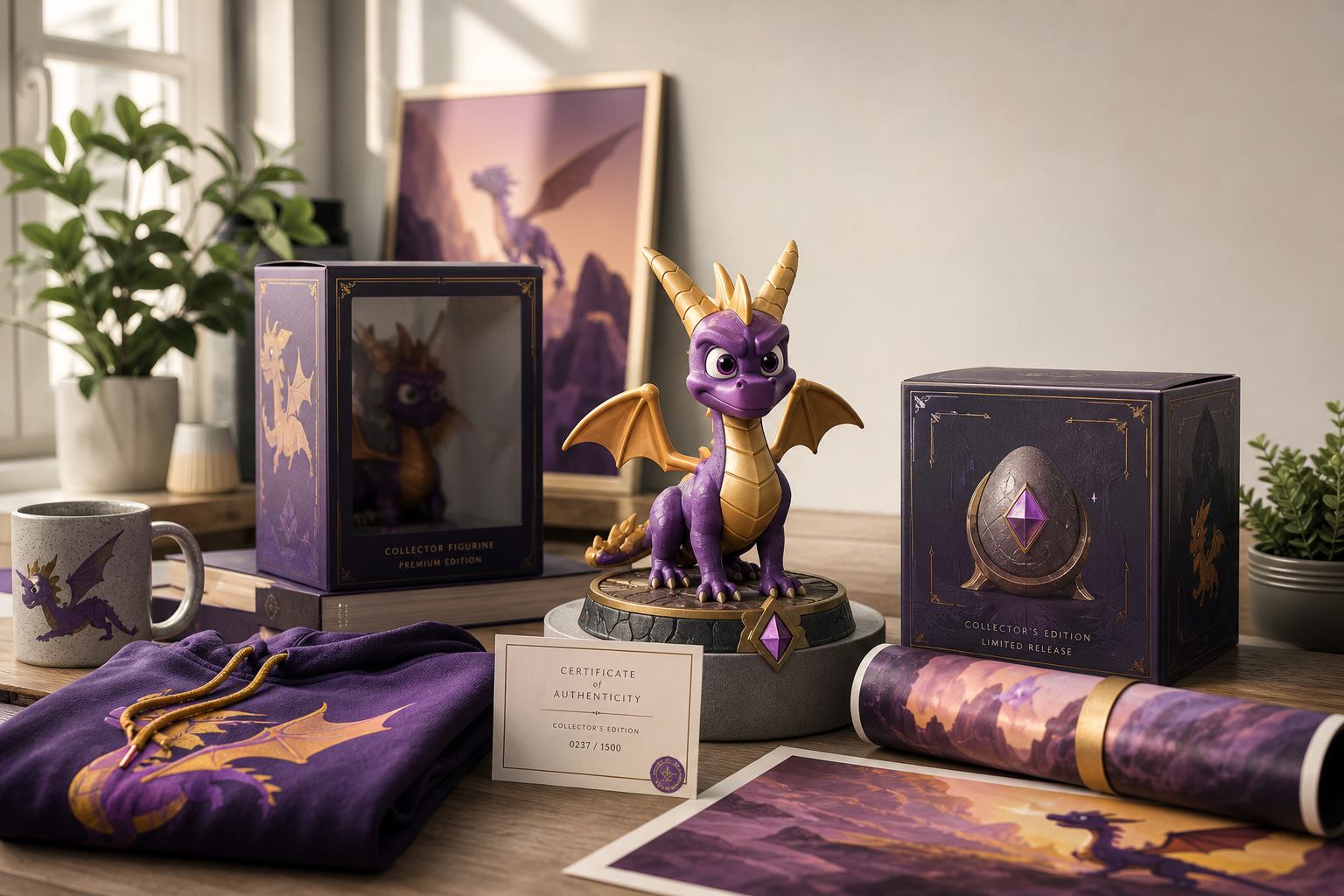 Lila Spyro-inspirerad drakfigur med samlarprylar på skandinavisk hylla – hoodie, mugg och licensierade boxar från Nerdbutiken.se.