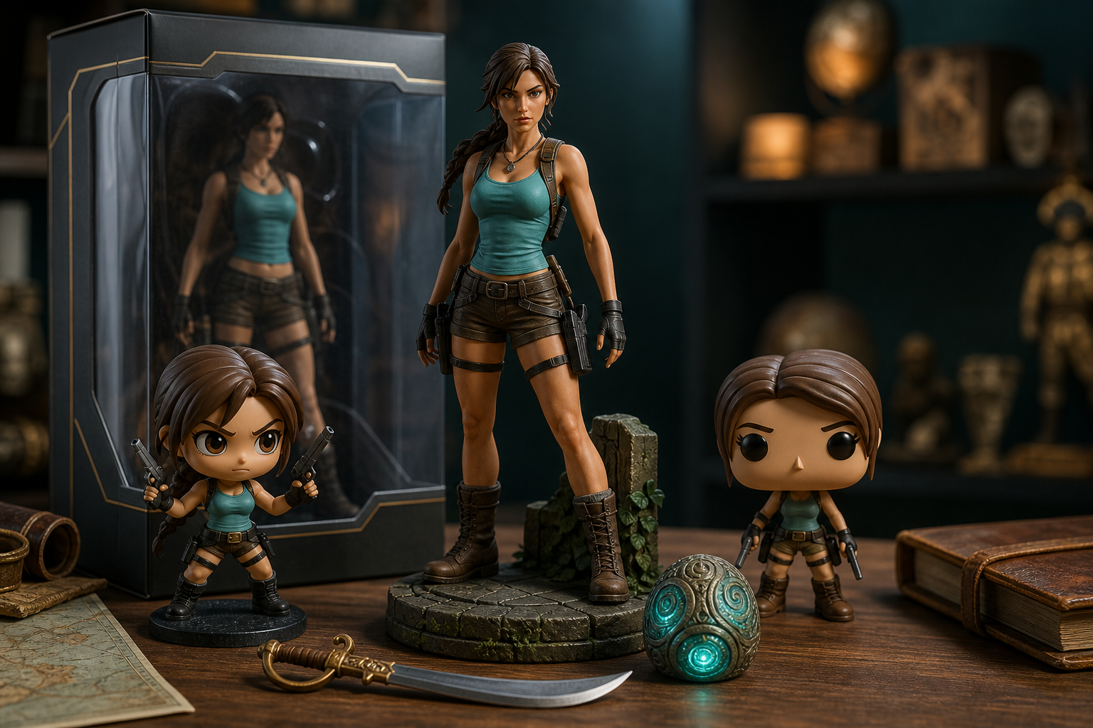 Samlarfigurer inspirerade av Tomb Raider på bord med förpackning, scimitar och glödande artefakt – premium hero image för Nerdbutiken.se