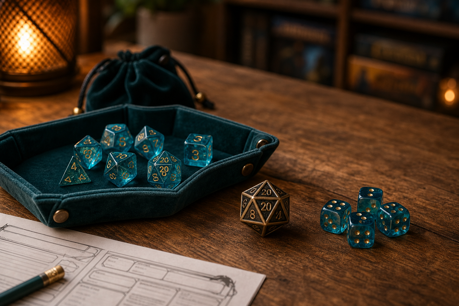 Alt text: **RPG-tärningar i resin och metall på träbord med tärningsbricka och tärningspåse, mysig spelkväll – guide för rätt tärningsval.**