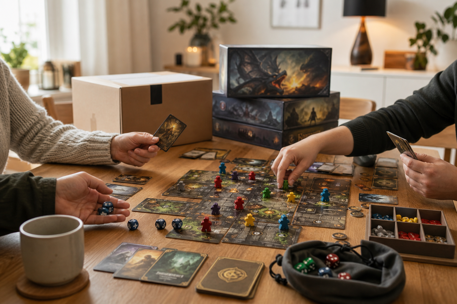 Sällskapsspel i skandinavisk vardagsrumsmiljö med brickor, meeples, tärningar och kort på bord; fraktlåda och spelboxar från GameDungeon.se i bakgrunden.