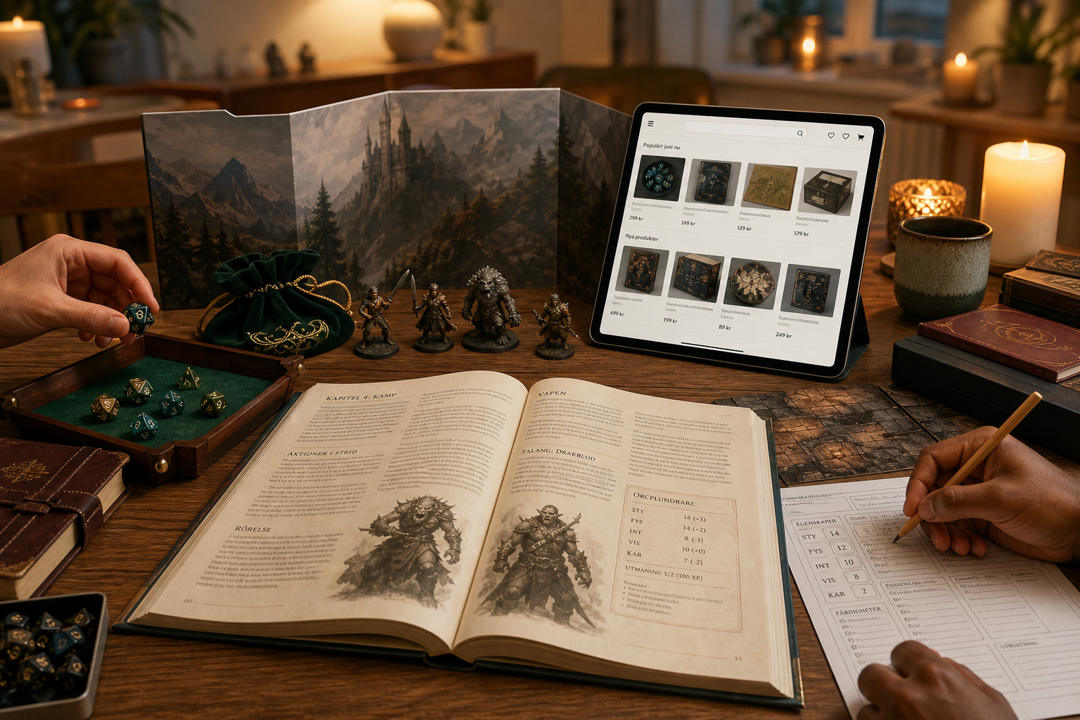 Mysig svensk TTRPG-spelkväll 2026 på skandinaviskt matbord med regelbok, tärningar, minis och mobil med webbshop för GameDungeon.se
