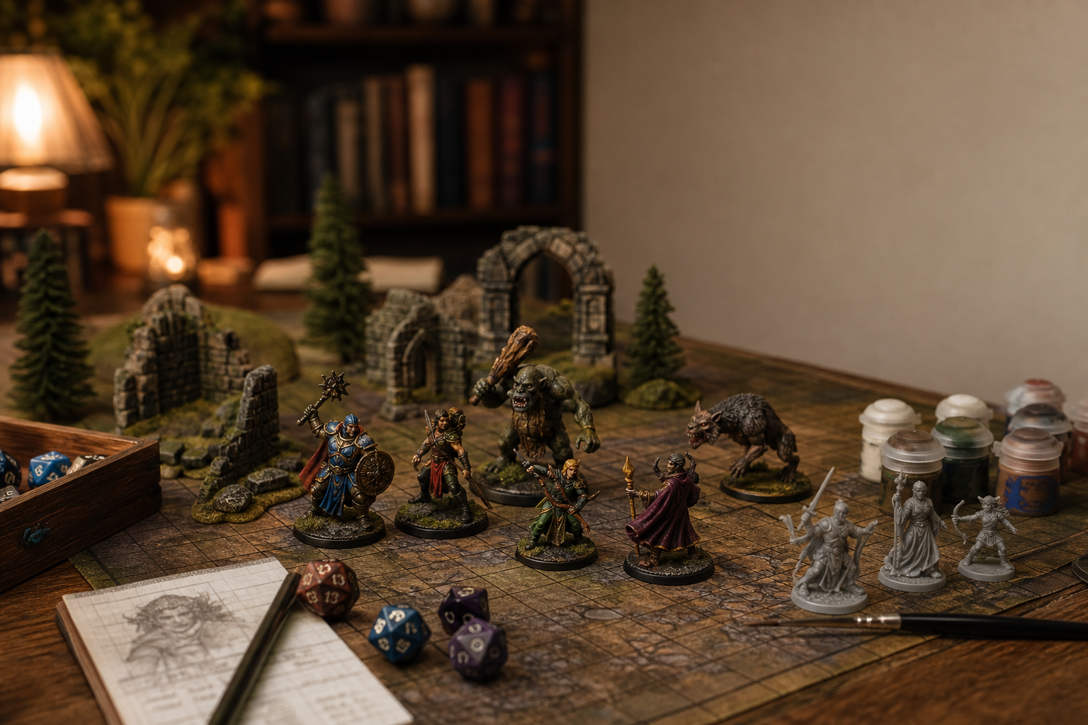 Målande fantasyminiatyrer på spelmatta med tärningar och målarfärg, mysig svensk spelkvällsmiljö med plats för rubriktext.