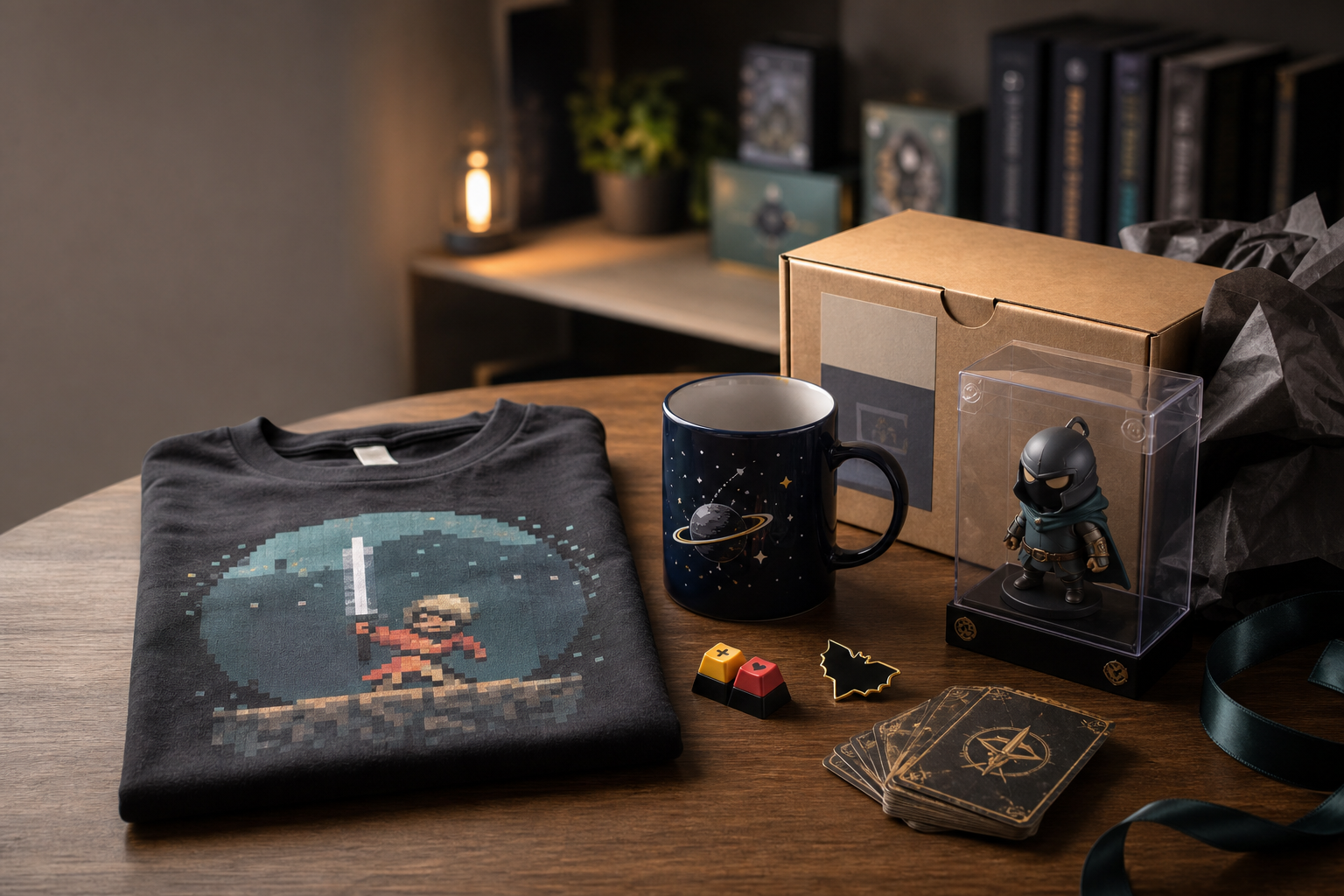 Fotorealistisk flat lay på skrivbord med nördig merch: pixel‑t-shirt, rymdmugg, samlarfigur, kortlek, pin, keycaps och presentpaket.