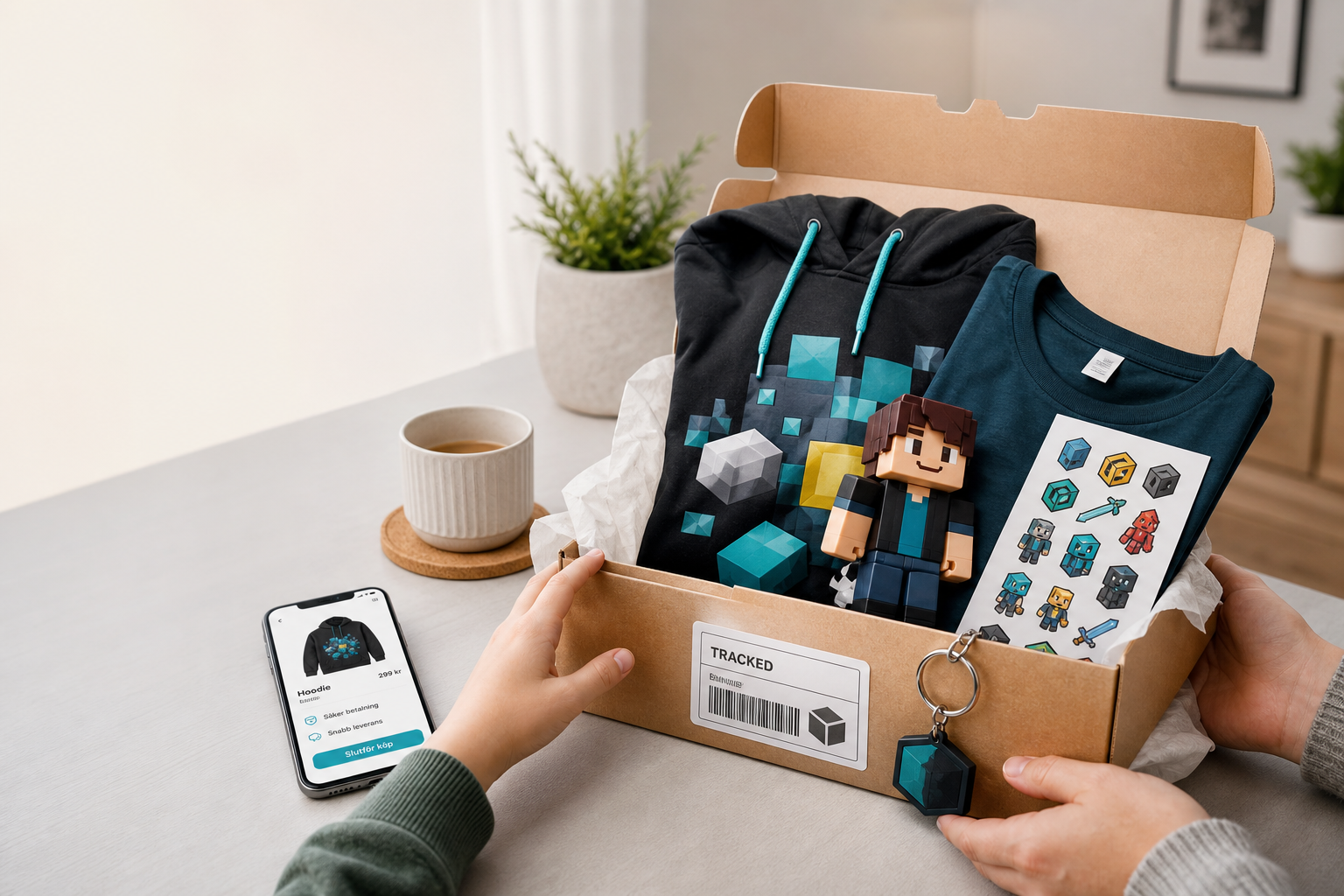Unboxing på skandinaviskt skrivbord med blockig spelmerch, spårad leverans och mobilkassa – tryggt köp av Roblox-inspirerade produkter på Nerdbutiken.se