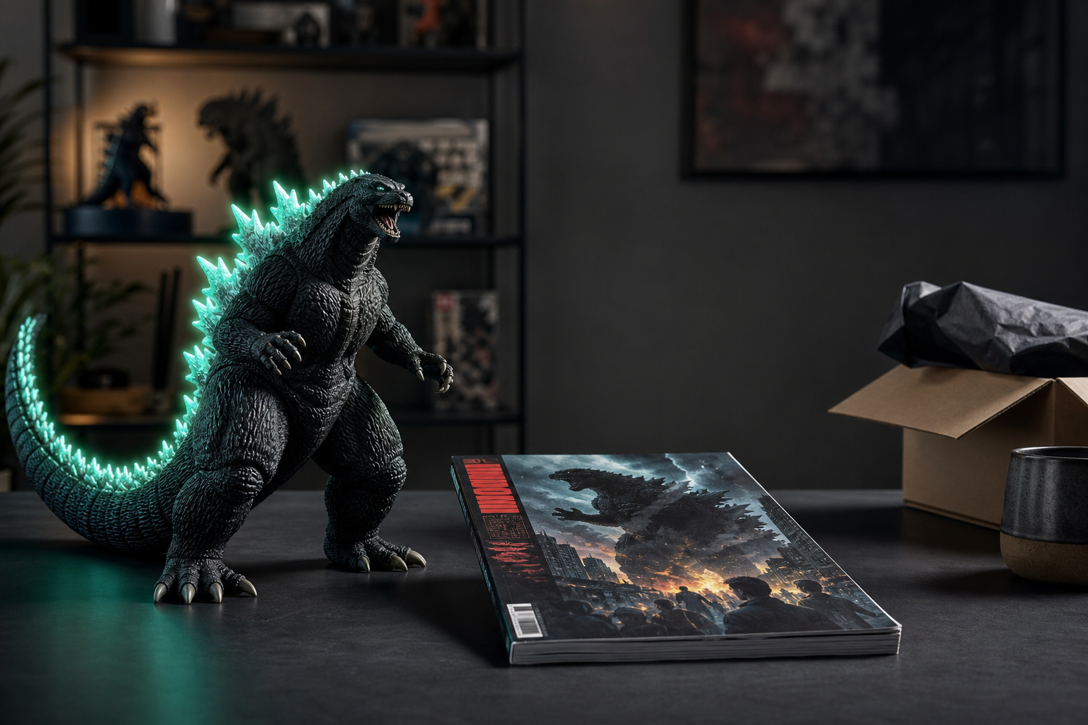 Samlarfigur av Godzilla med tealgrönt självlysande ryggplattor bredvid stor monstercomic på modern skandinavisk skrivbordsmiljö.