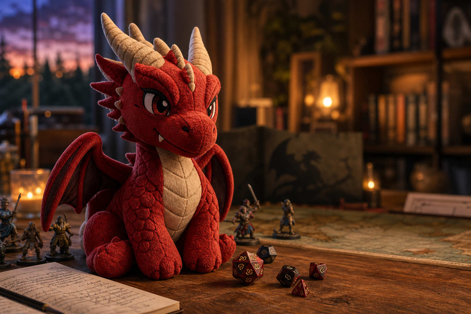 Röd Dungeons & Dragons-drake gosedjur på bord med tärningar och miniatyrer i mysigt svenskt spelhörn – D&D plushies hos Nerdbutiken.se