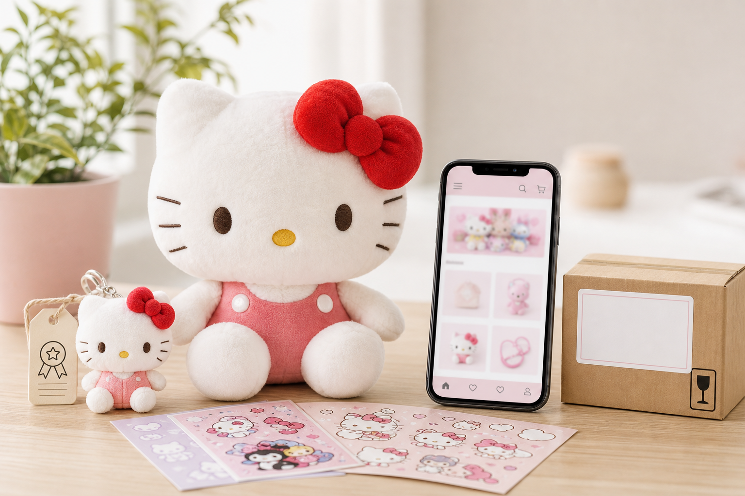 Hello Kitty-gosedjur med officiell kawaii-merch på skandinavisk skrivbordsmiljö, mobil e-handel och fraktbox för säker shopping i Sverige.