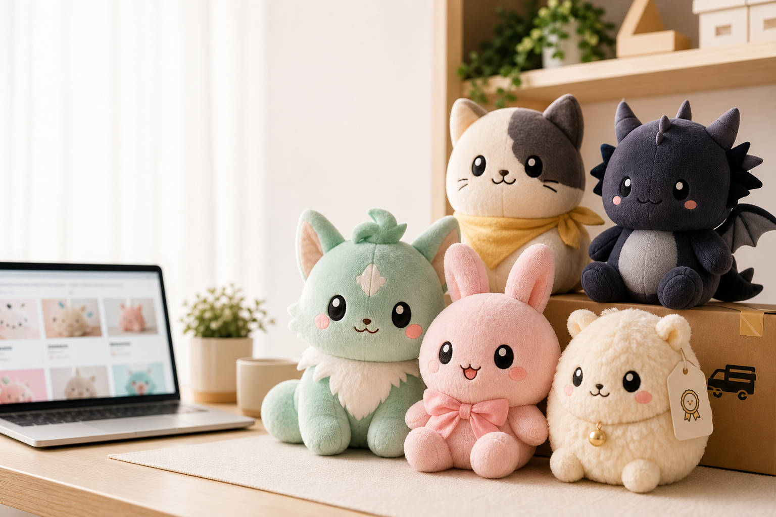 Kawaii anime gosedjur på skandinavisk hylla med mobil som visar webbshop, fraktlåda och kvalitetstagg – guide för att köpa plush online.