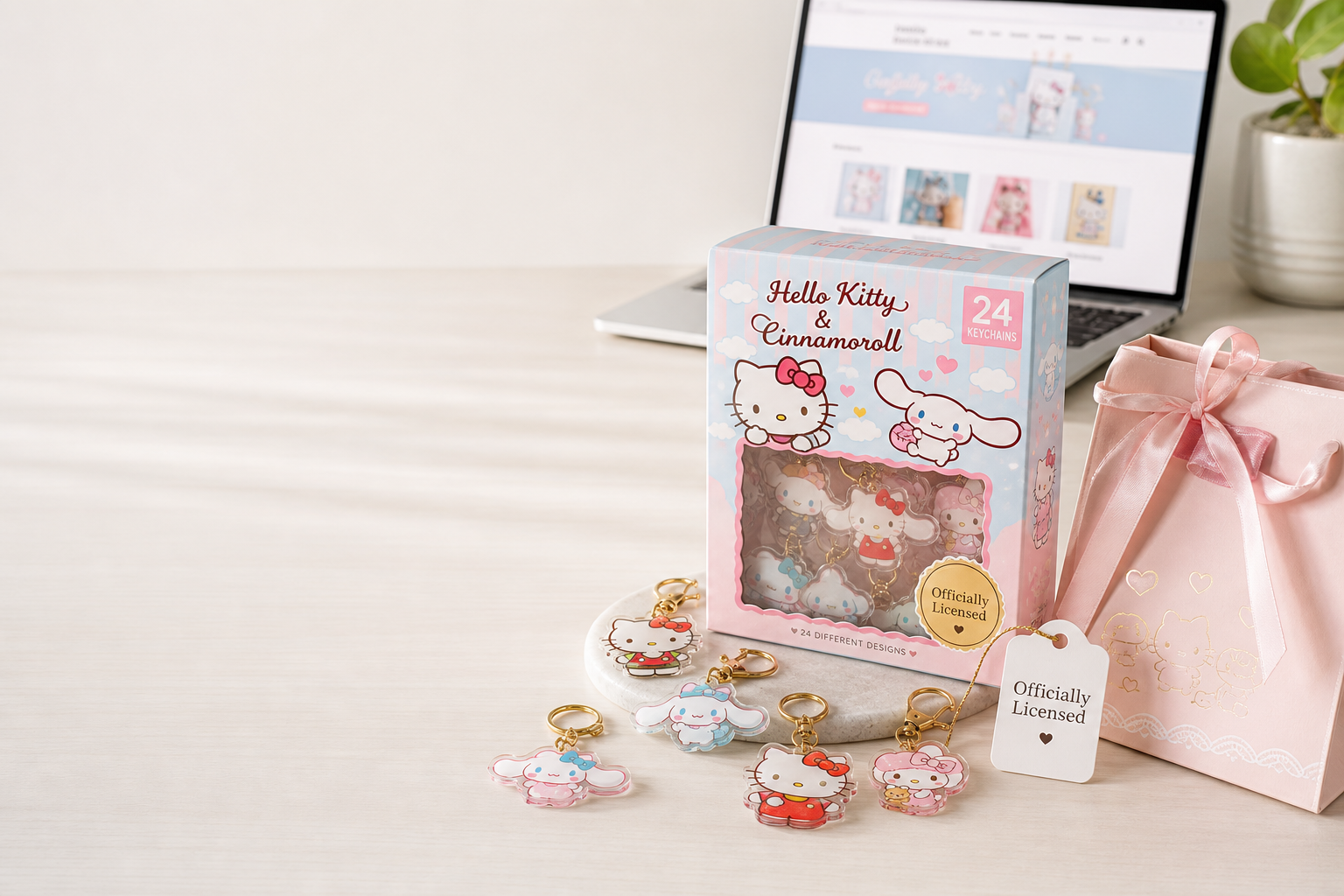 Premium produktfoto av officiellt licensierad Hello Kitty-inspirerad merch på ljust bord, äkthetsmärkning och laptop med webbutik i bakgrunden.