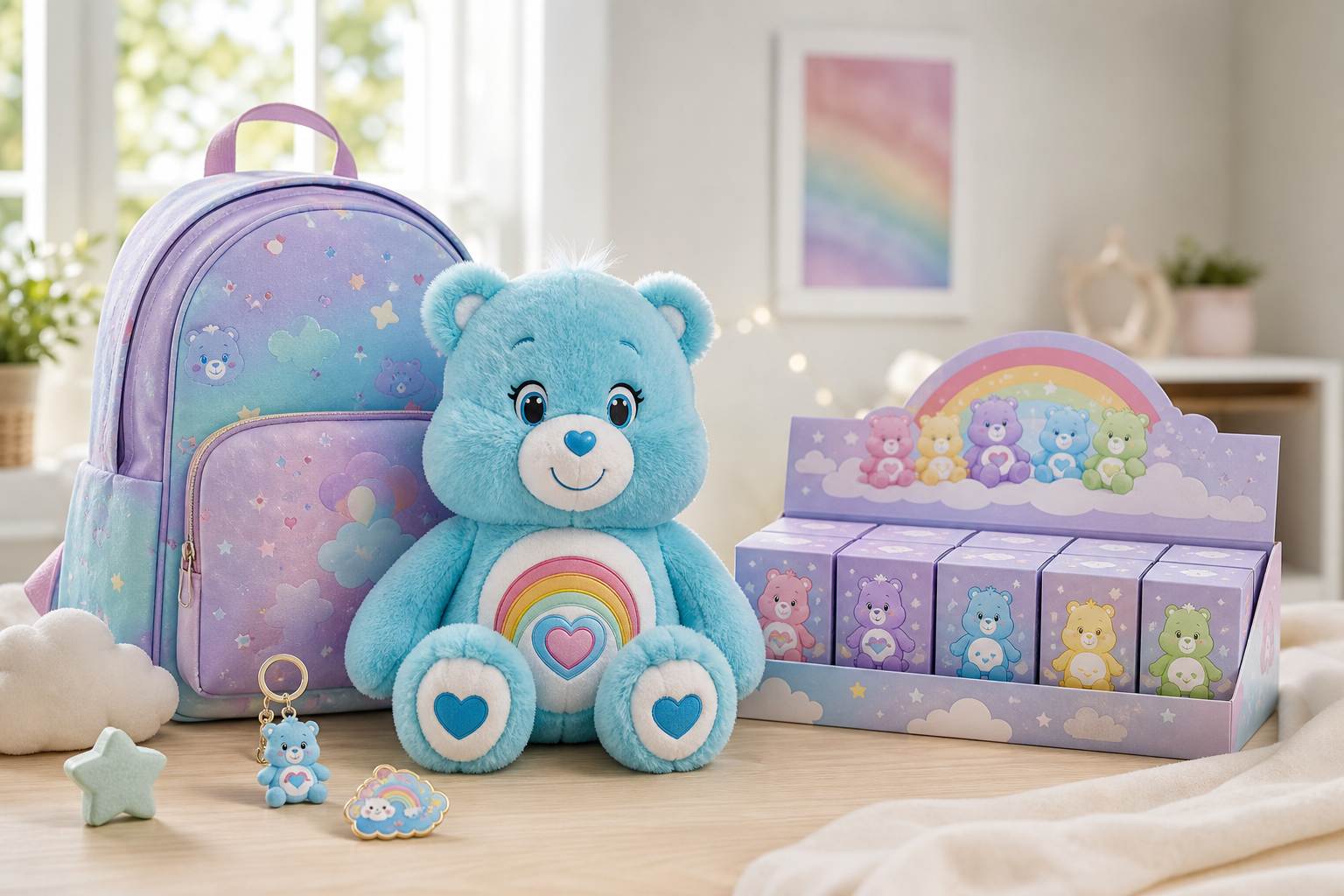 Care Bears-inspirerad nalle med ryggsäck och samlarprylar på ljus skandinavisk bordsyta – nostalgisk merch från Nerdbutiken.se i pastellfärger