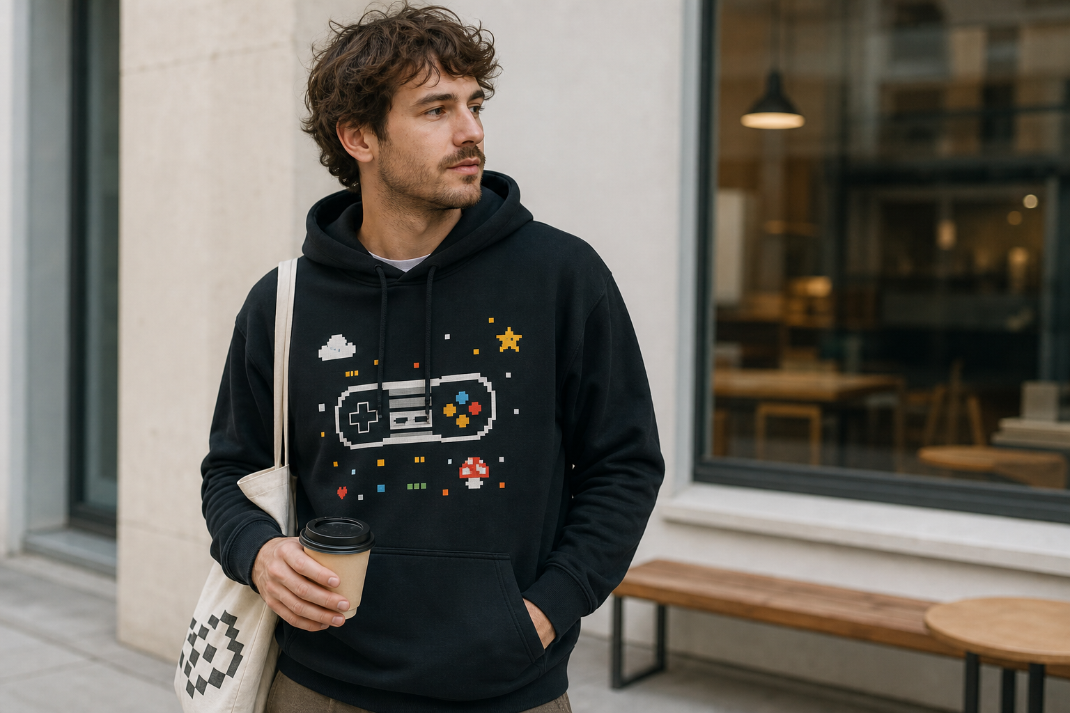 Ung vuxen i skandinavisk stadsmiljö med hoodie med retro pixelgrafik, Nintendo-inspirerad gamer streetwear, mjuk dagsljus, bokeh bakgrund.