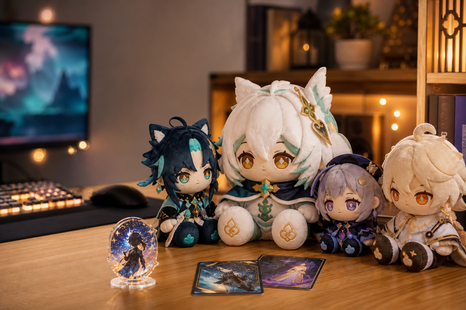 Premium Genshin Impact-inspirerade gosedjur i mysig gaminghörna på samlarhylla, med akrylstandee och fantasykort i varm belysning.